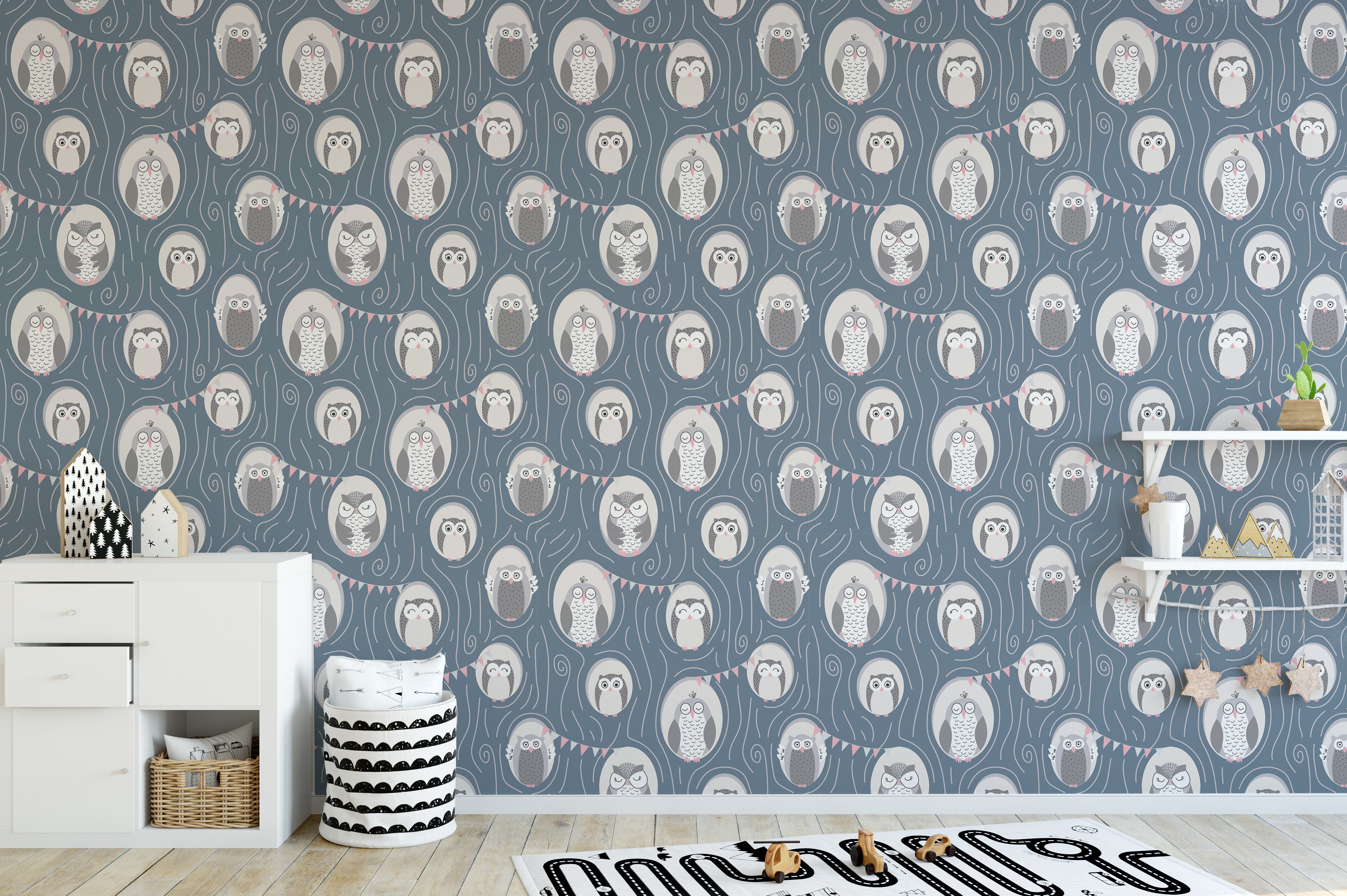 Tree repeat pattern owl wallpaper mural design
