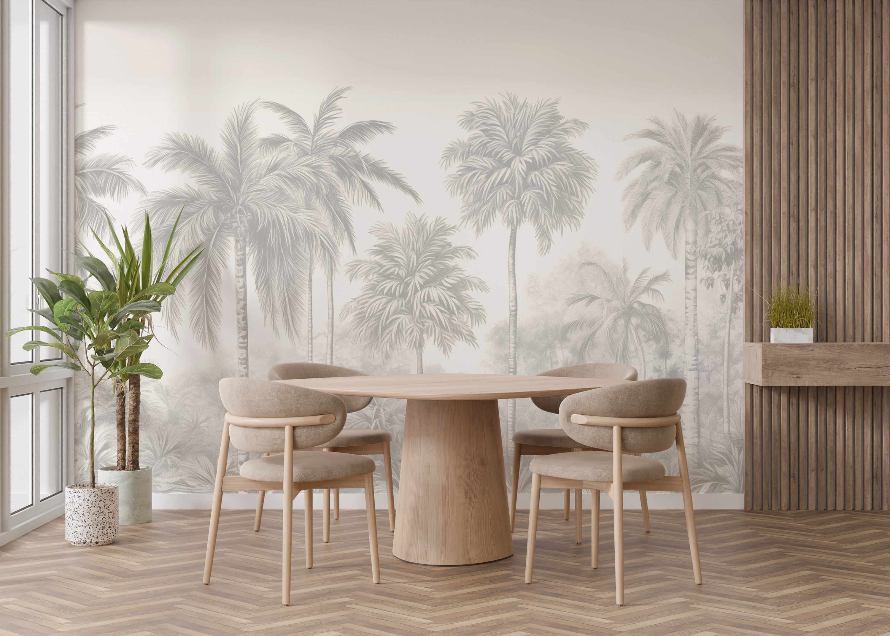 Elegant beige palm trees wall mural for serene spaces
