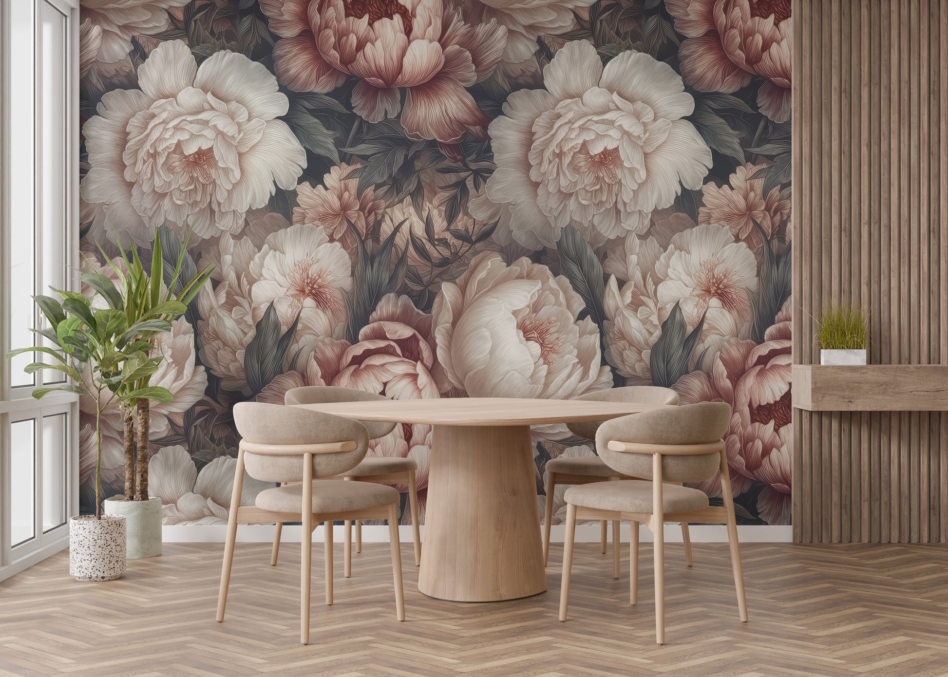 Beautiful blush peony wall mural for calming ambiance
