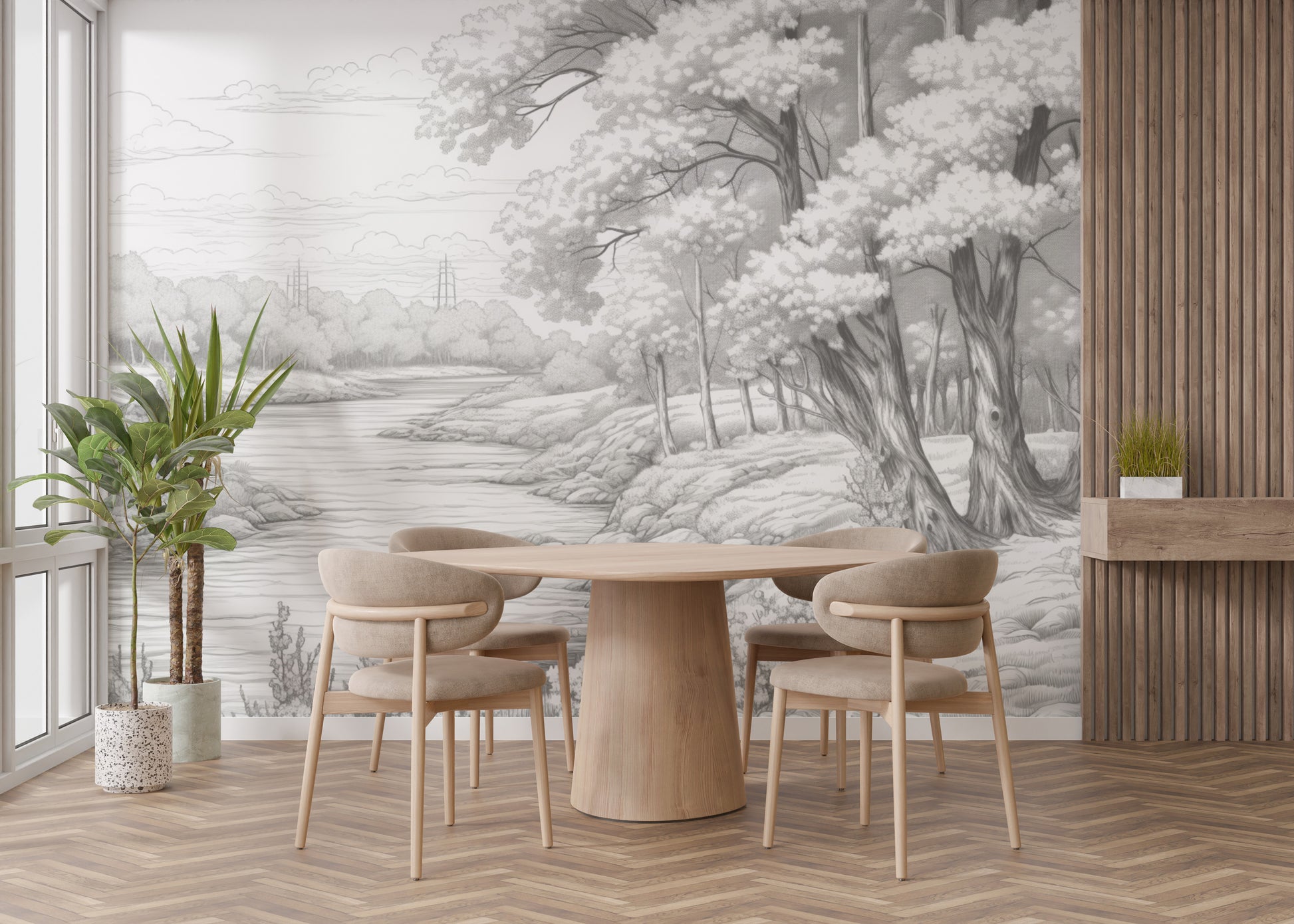 Grey forest wallpaper mural for natural room style
