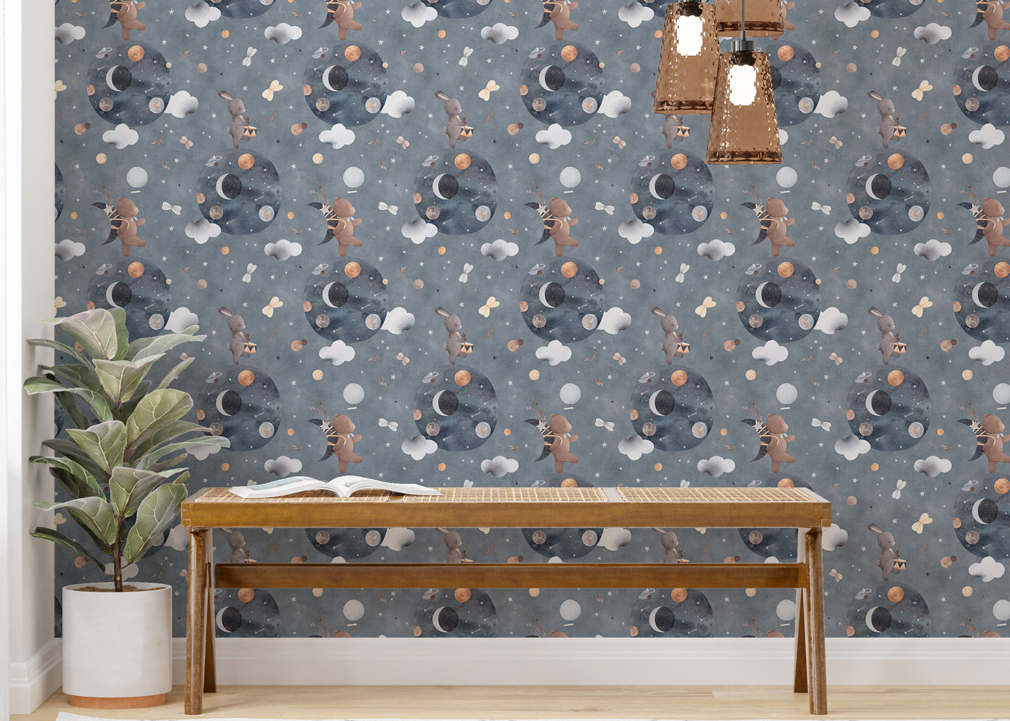 Playful wallpaper featuring bunny and bear astronauts