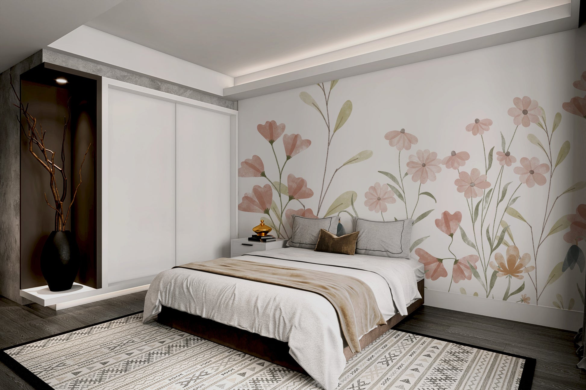 Hand-painted floral pattern wallpaper in soft tones
