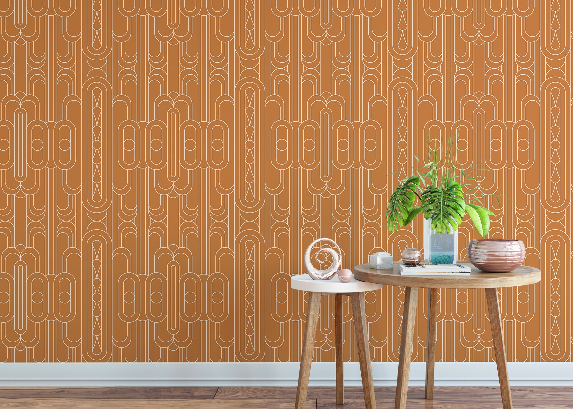 Orange minimal Deco wallpaper with white lines.