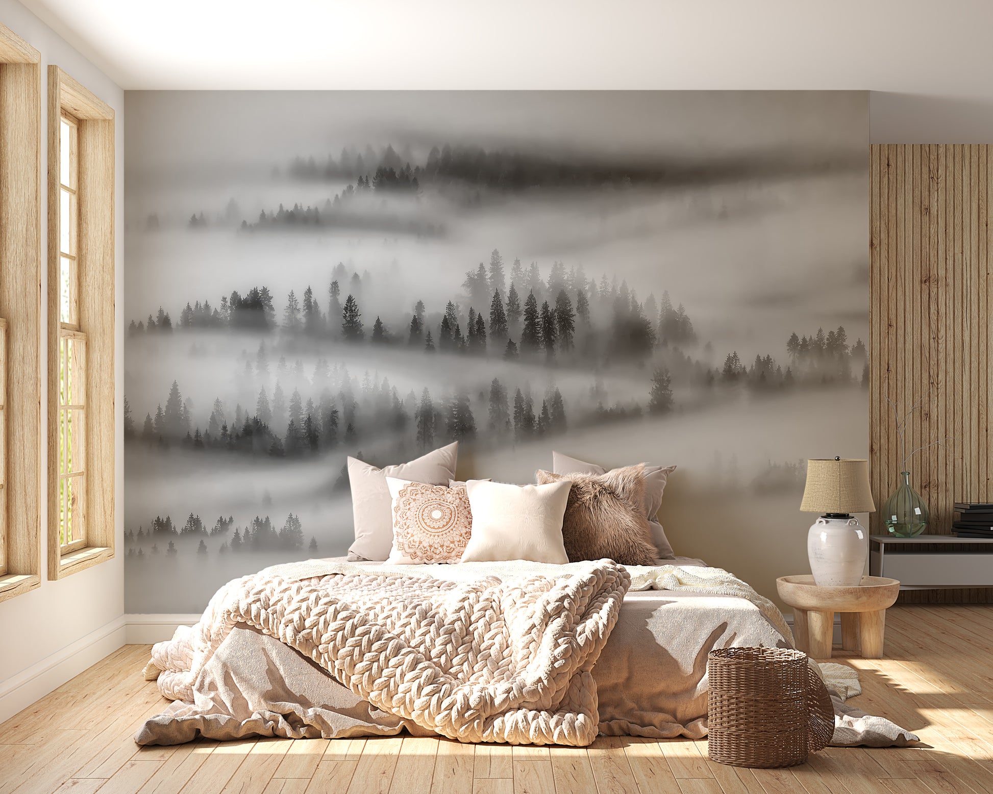 Monochrome forest mural wallpaper for calming interiors