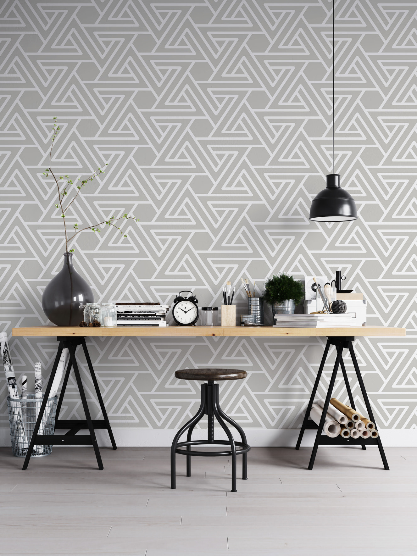 White Line Abstract Geometric Pattern Grey Wallpaper