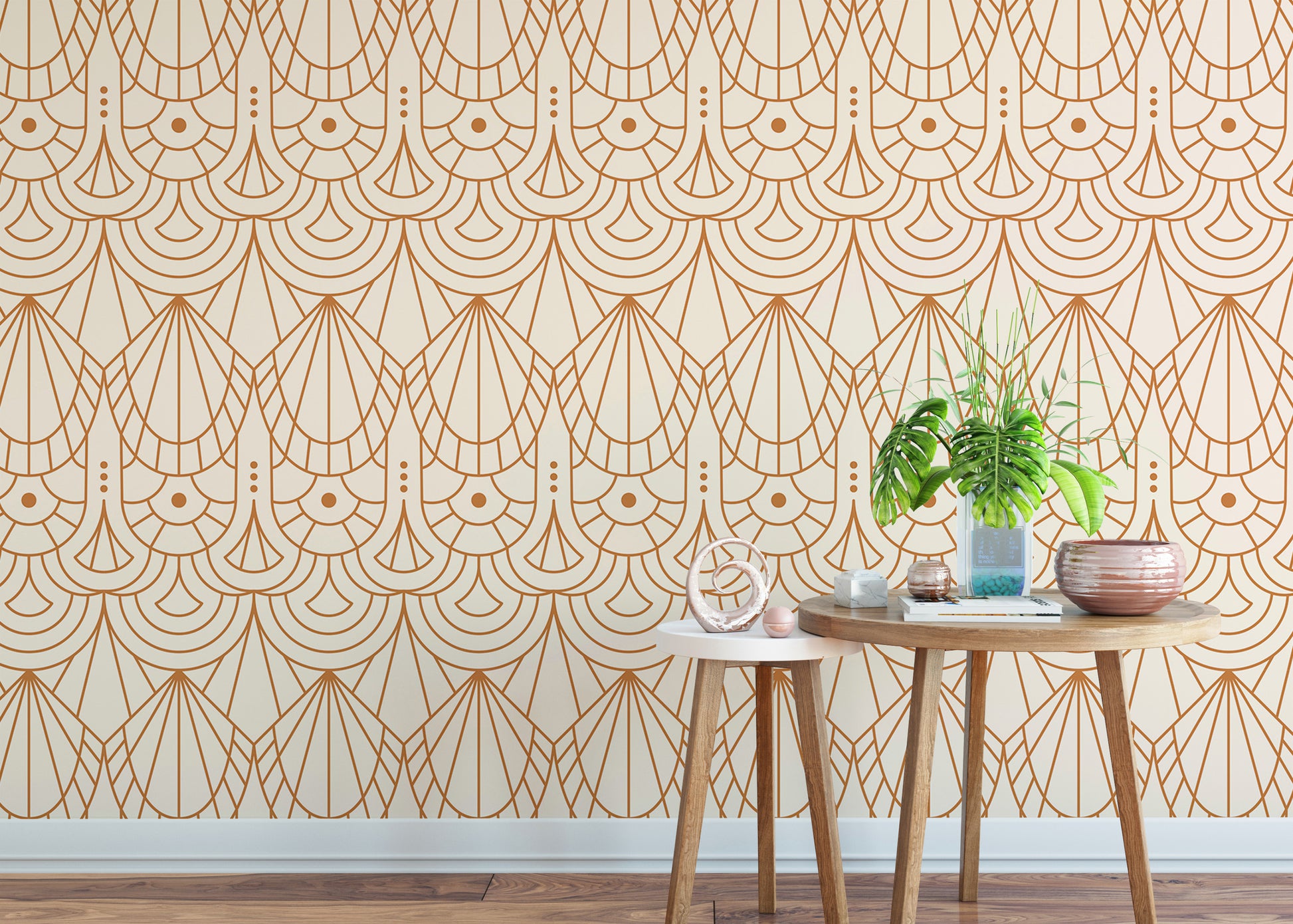 Modern beige and orange Art Deco wallpaper.