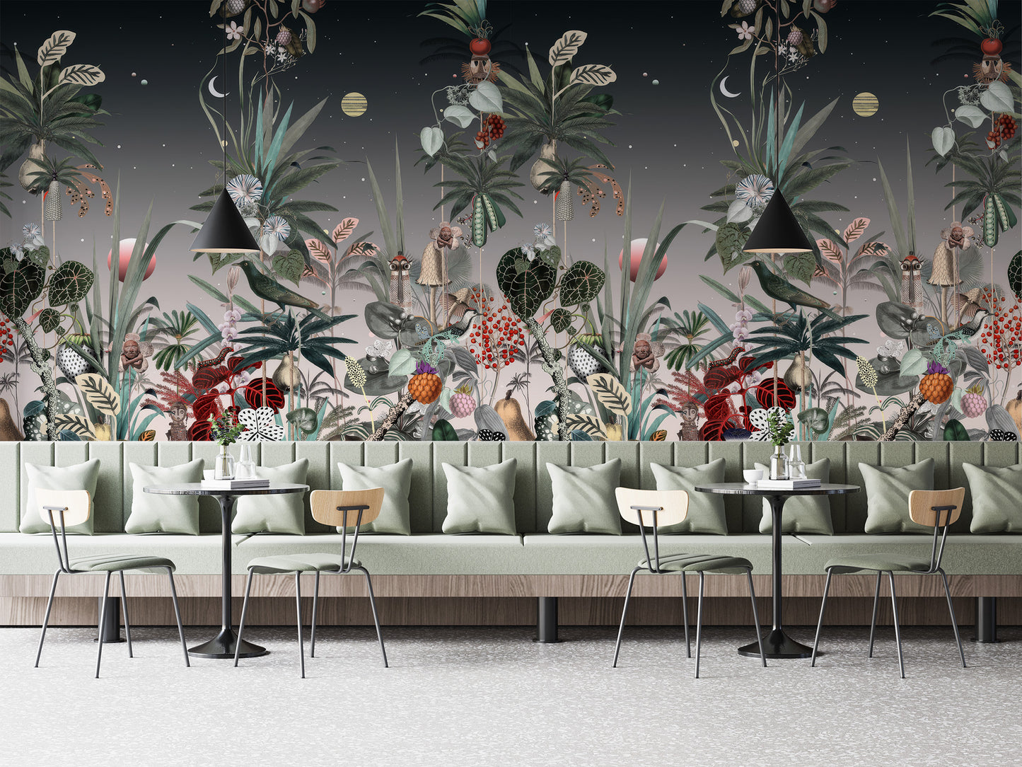 Whimsical botanical wallpaper with exotic fruits, lush greenery, and artistic celestial night elements in soft pastel tones.