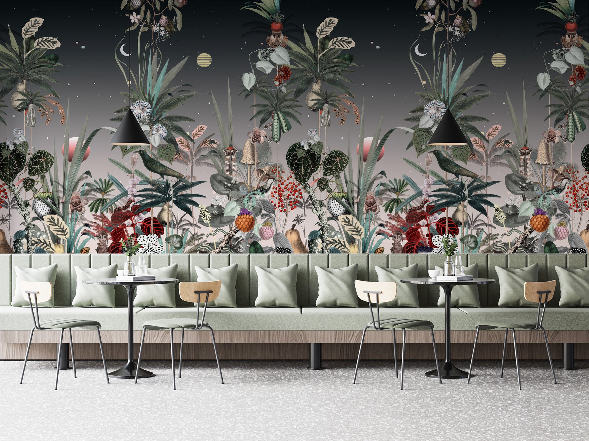 Whimsical botanical wallpaper with exotic fruits, lush greenery, and artistic celestial night elements in soft pastel tones.