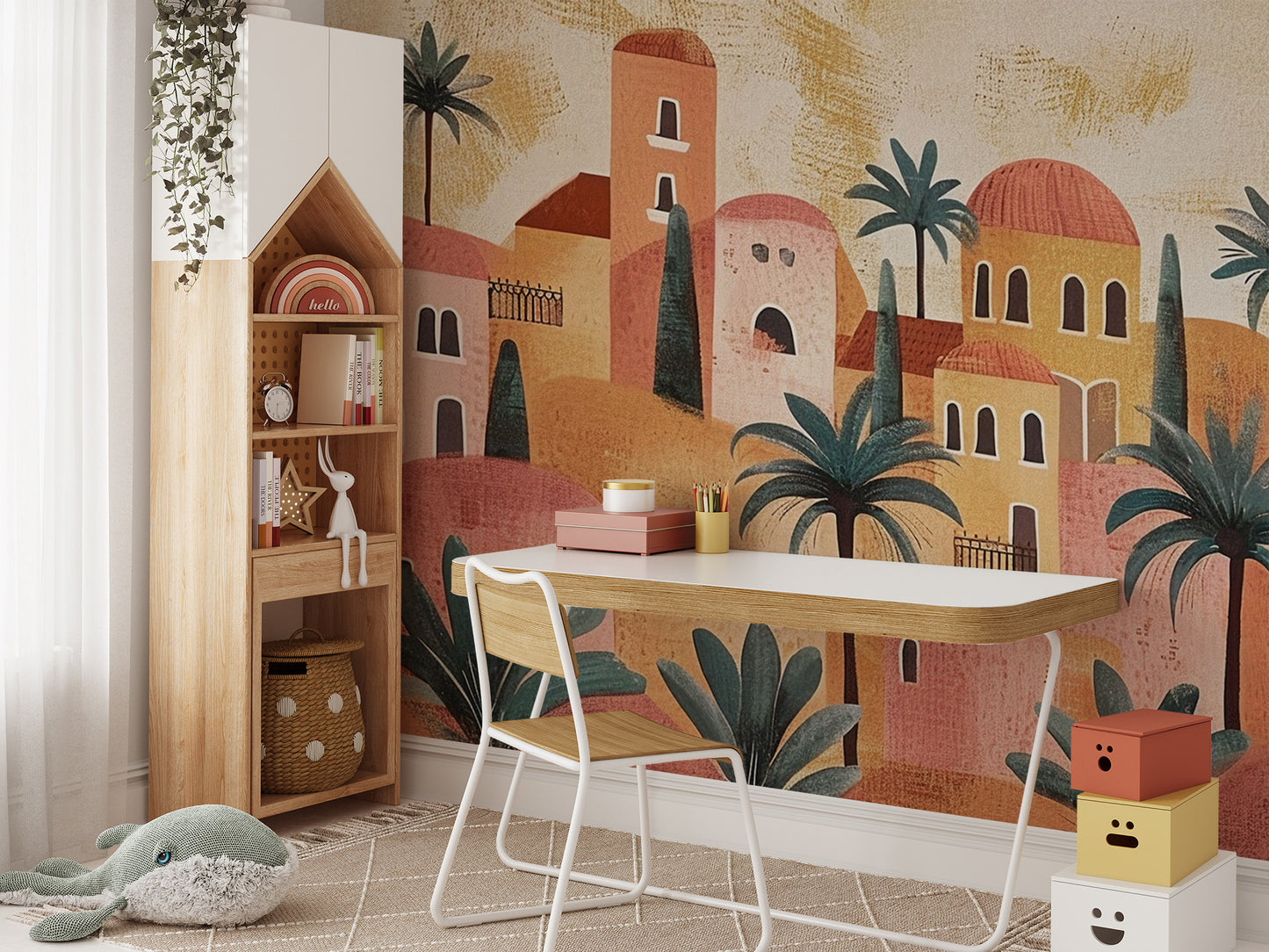 Tranquil desert oasis scene mural with warm desert hues.
