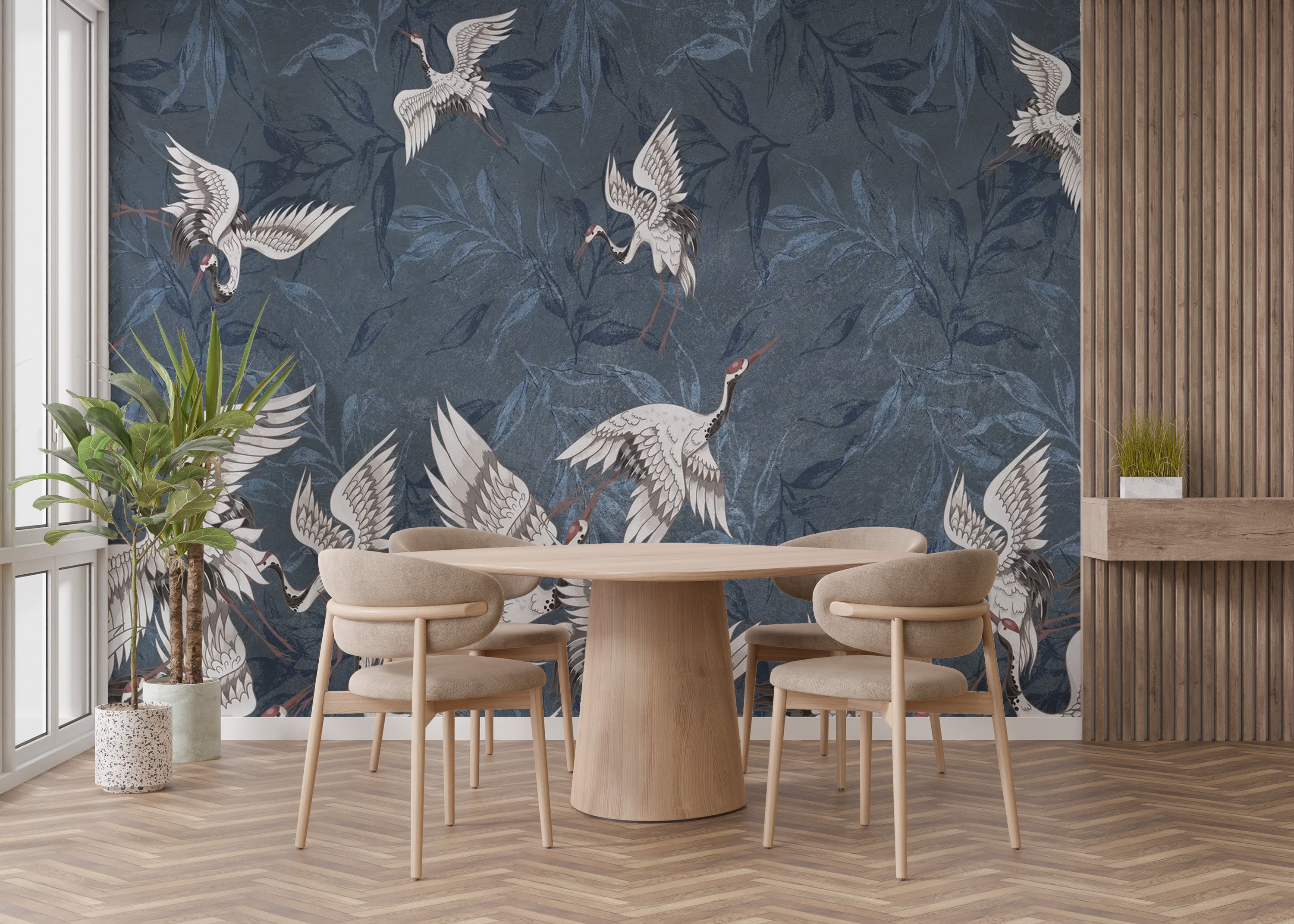 Chic blue grunge leaves mural with cranes for wall decor



