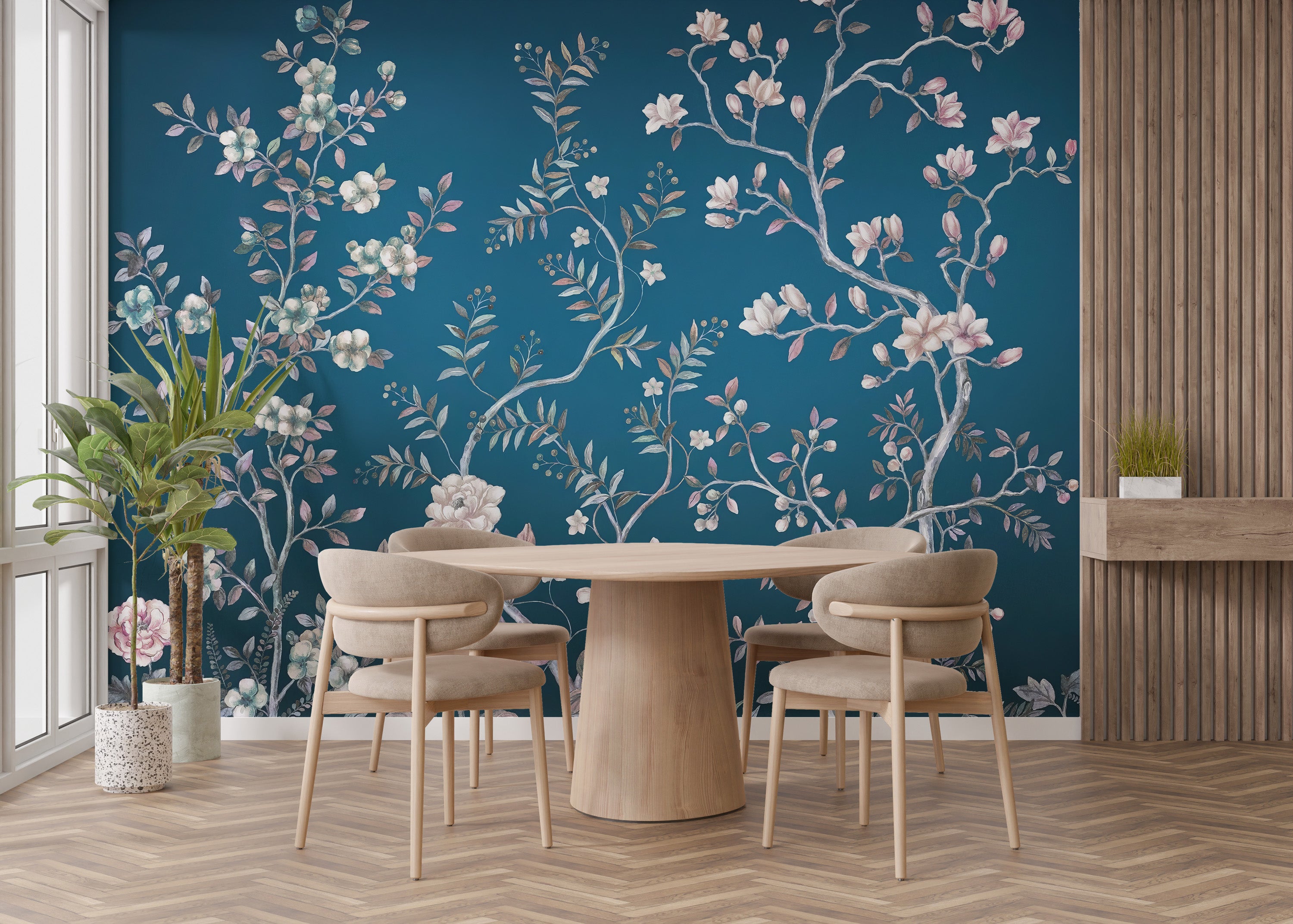 Decorative blue chinoiserie mural for sophisticated rooms
