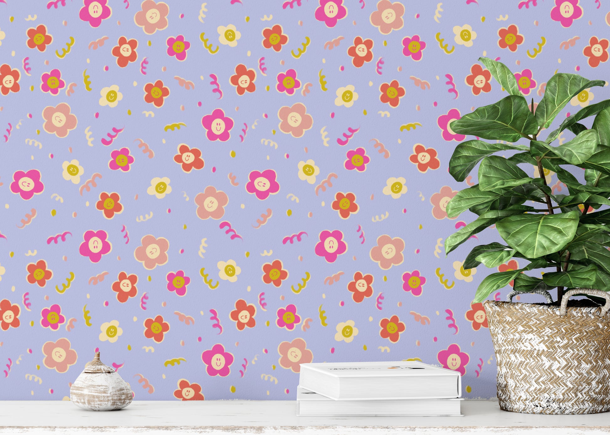 Whimsical floral pattern with smiling blooms for walls
