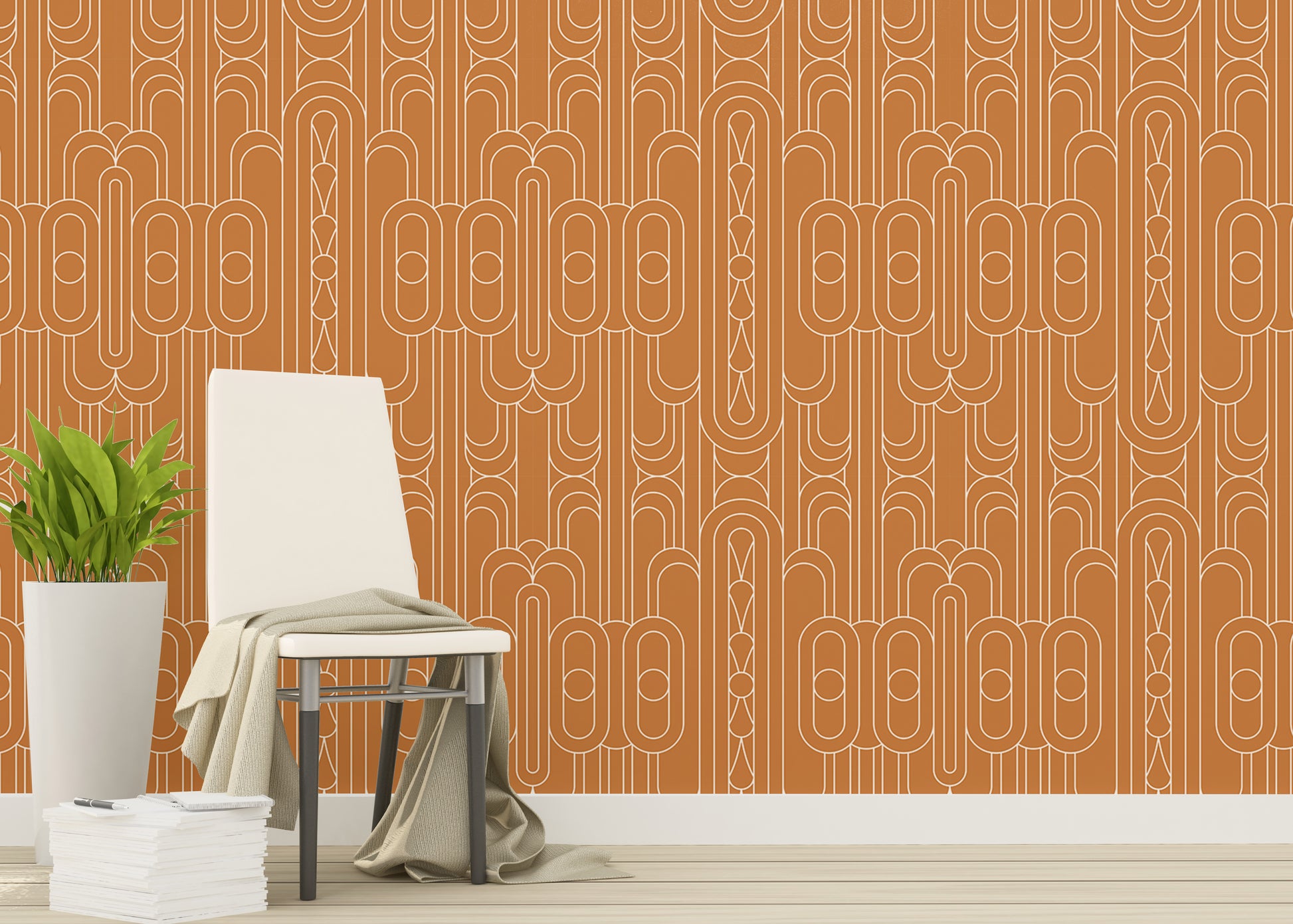 White linear accents on orange Deco wallpaper.