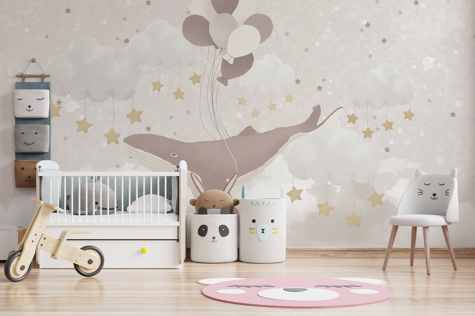 Flying Whale Nursery Wallpaper Mural with playful charm