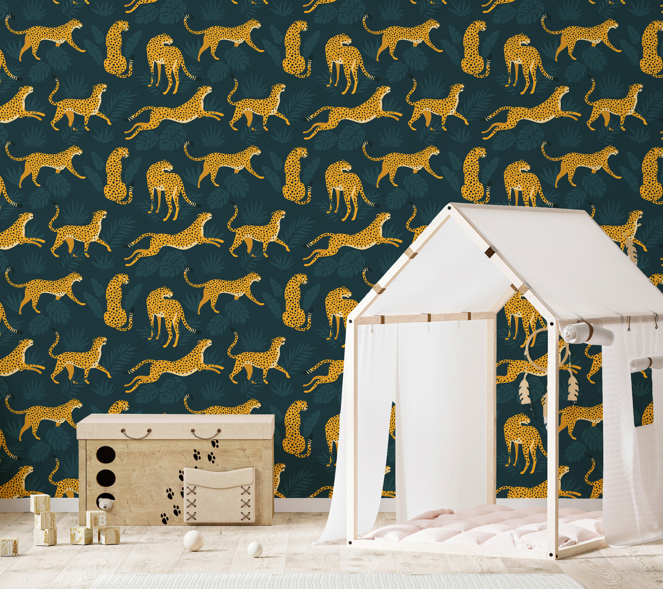 Repeated yellow leopard pattern wallpaper mural
