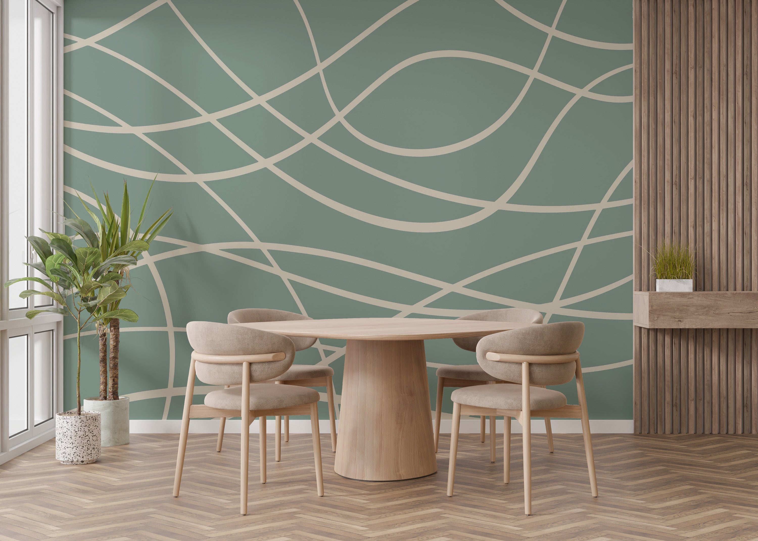 Unique green line mural for nature-inspired wall decor
