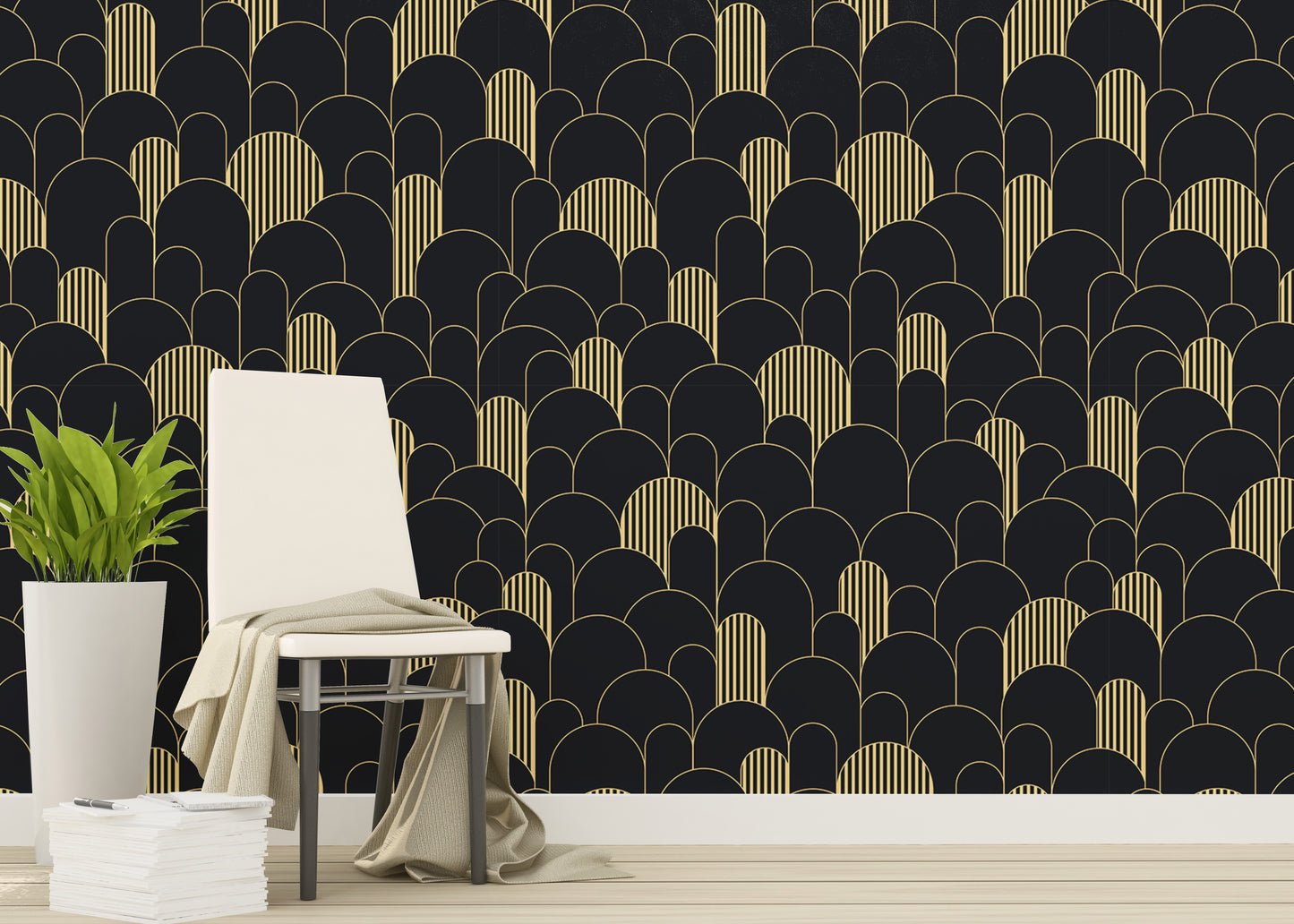 Art Deco Golden Lines Repeat Pattern Wallpaper