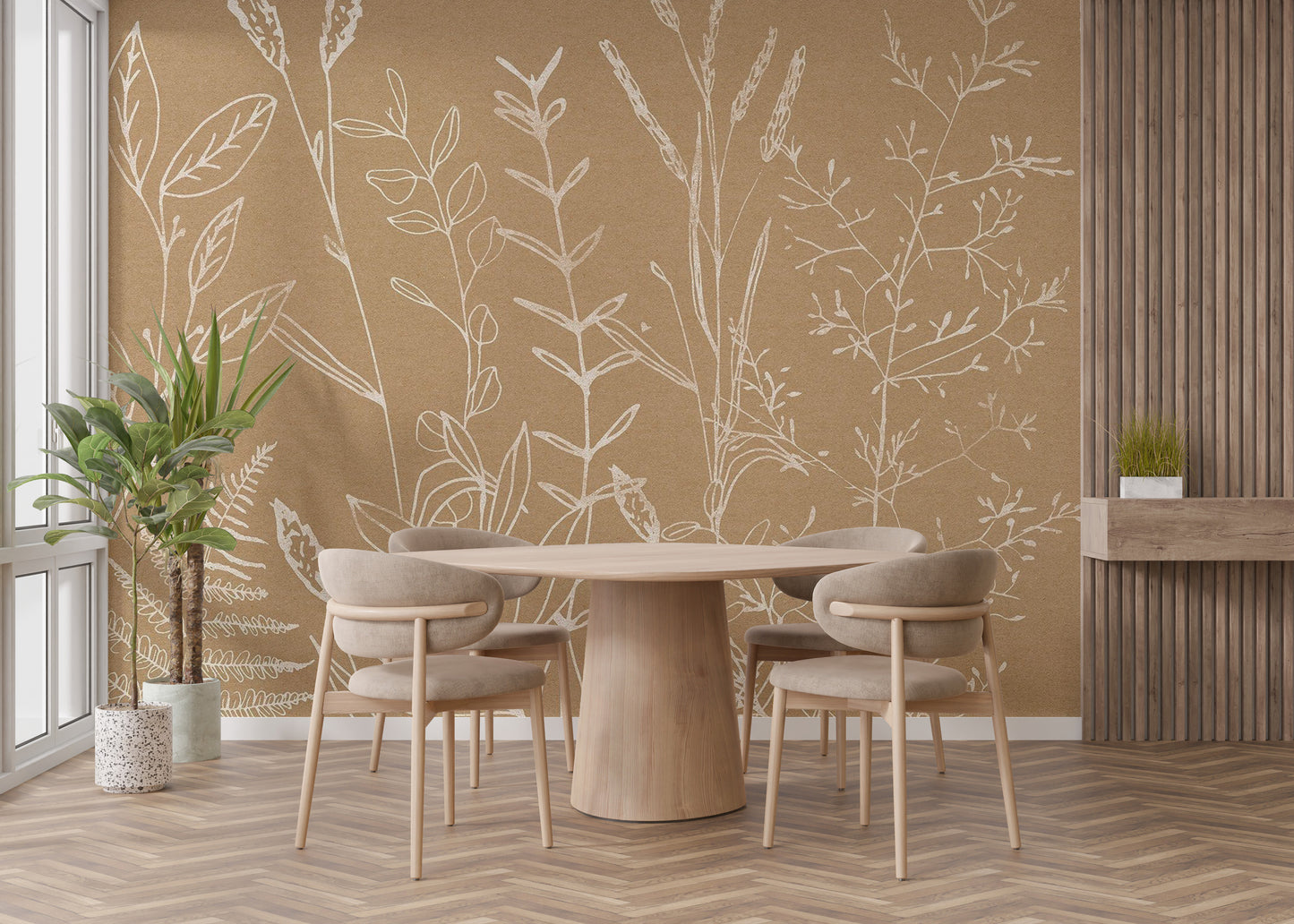 Decorative beige botanical wallpaper for refined walls
