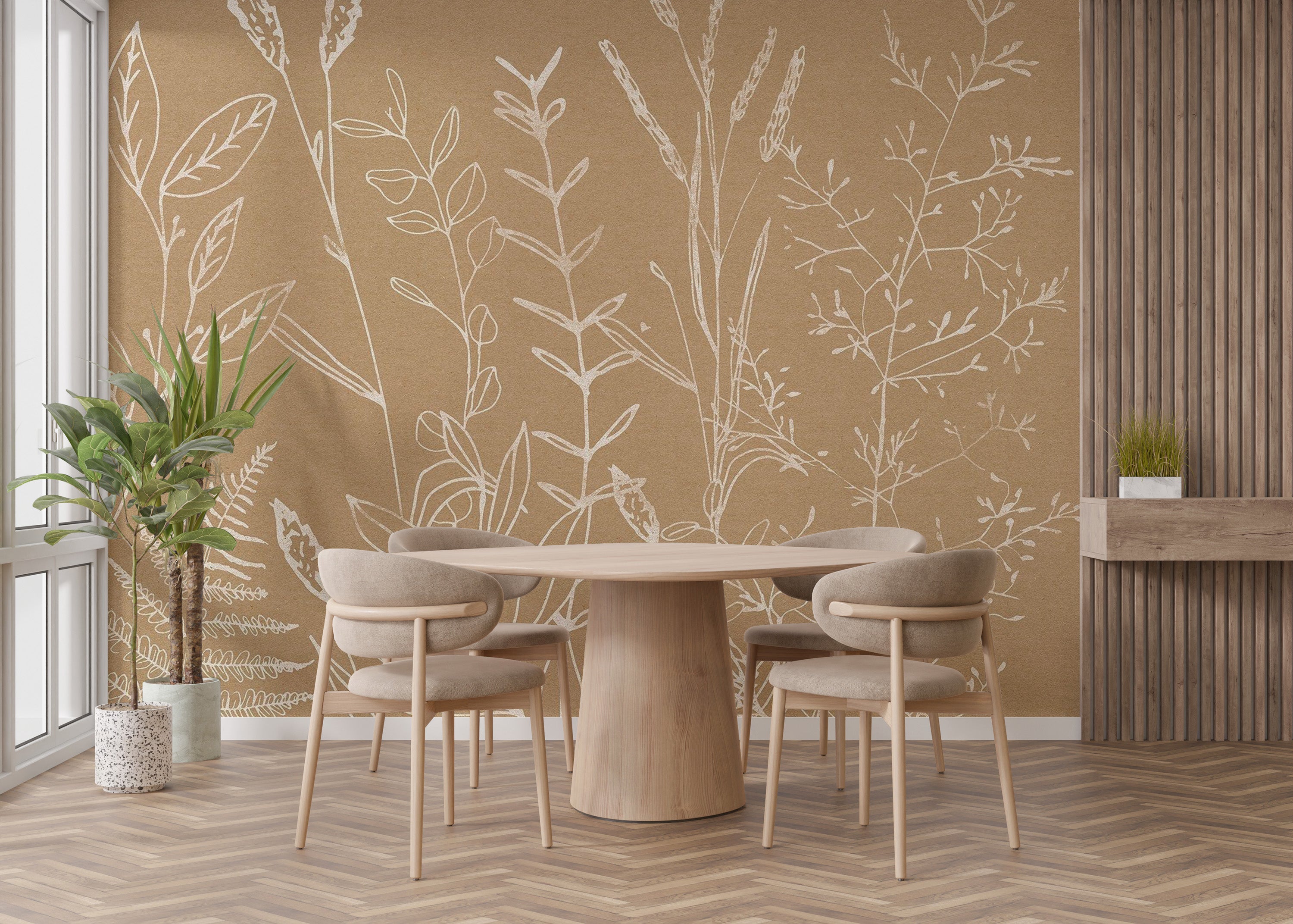 Decorative beige botanical wallpaper for refined walls
