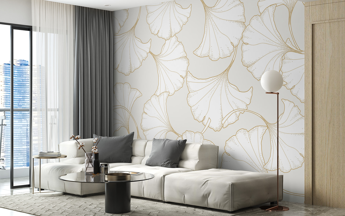 Elegant ginkgo leaf mural wallpaper design
