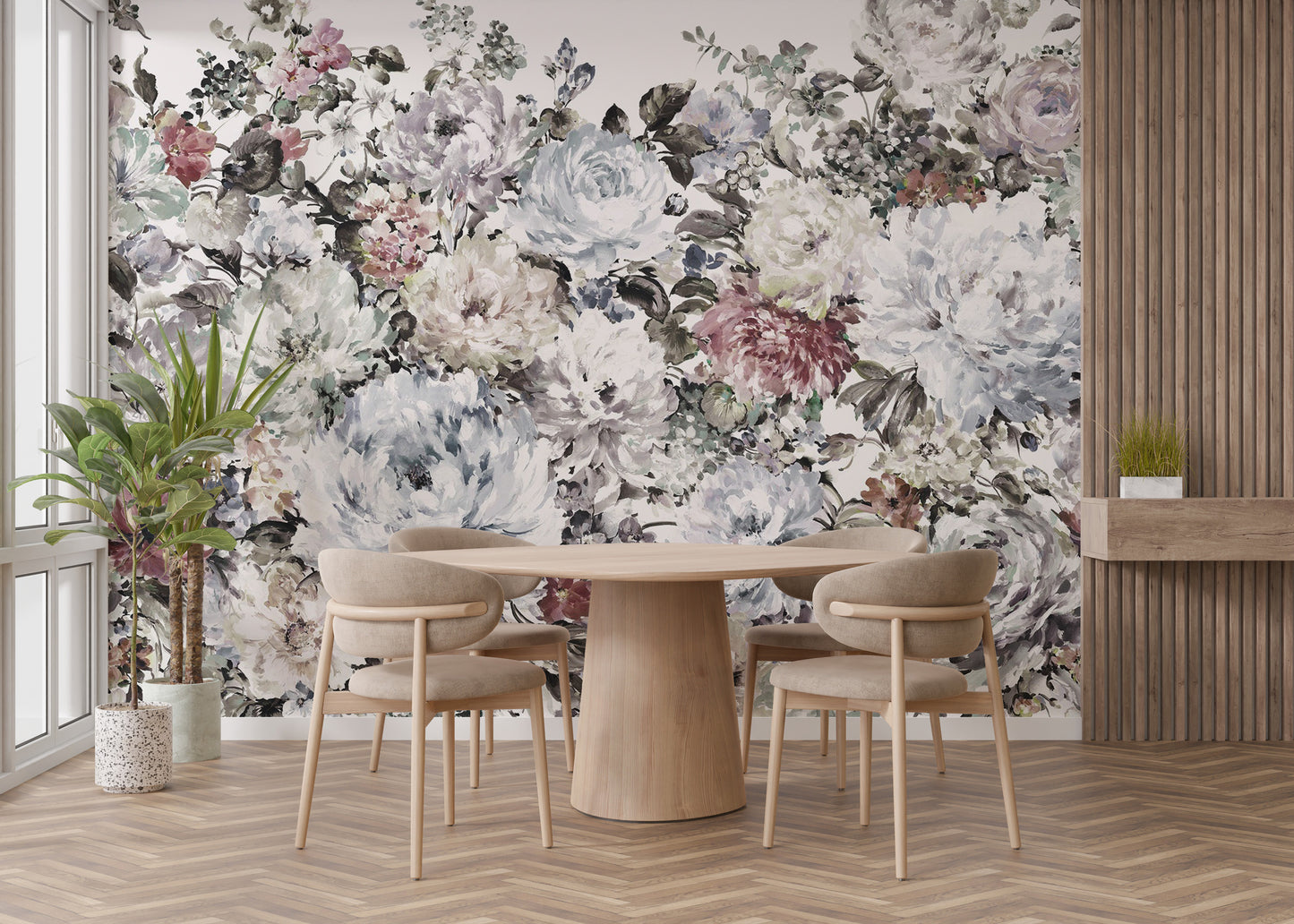 Beautiful peony mural with soft watercolor design
