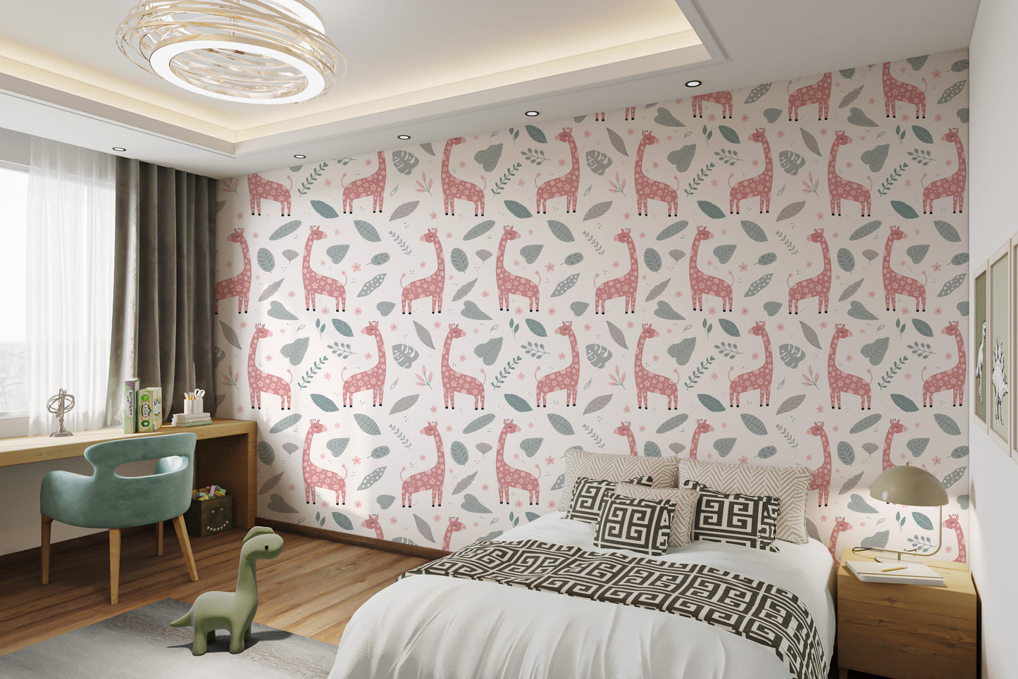 Giraffe and Leaves Wallpaper Mural - Pink