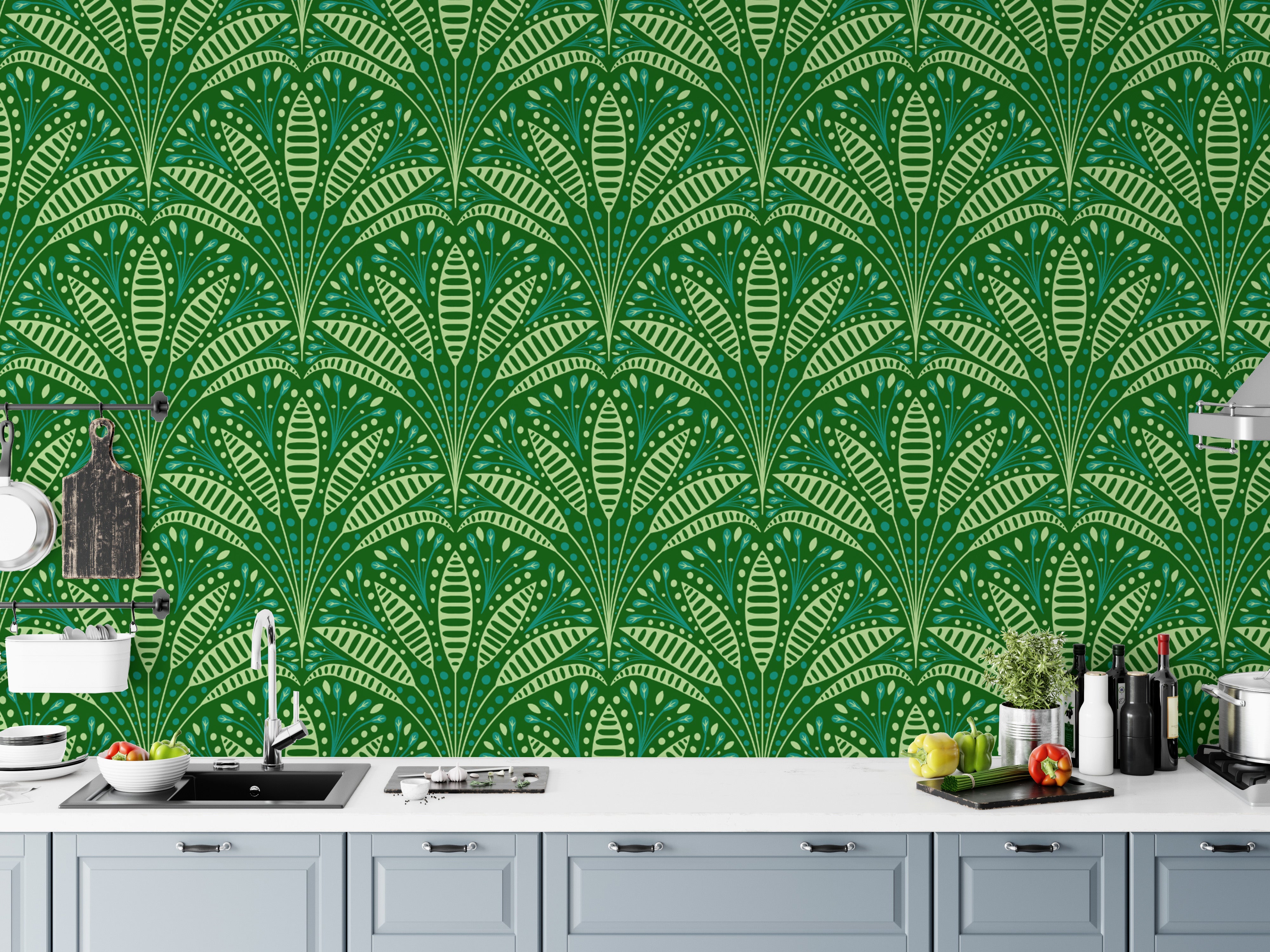 Sophisticated wallpaper featuring Art Deco palm designs
