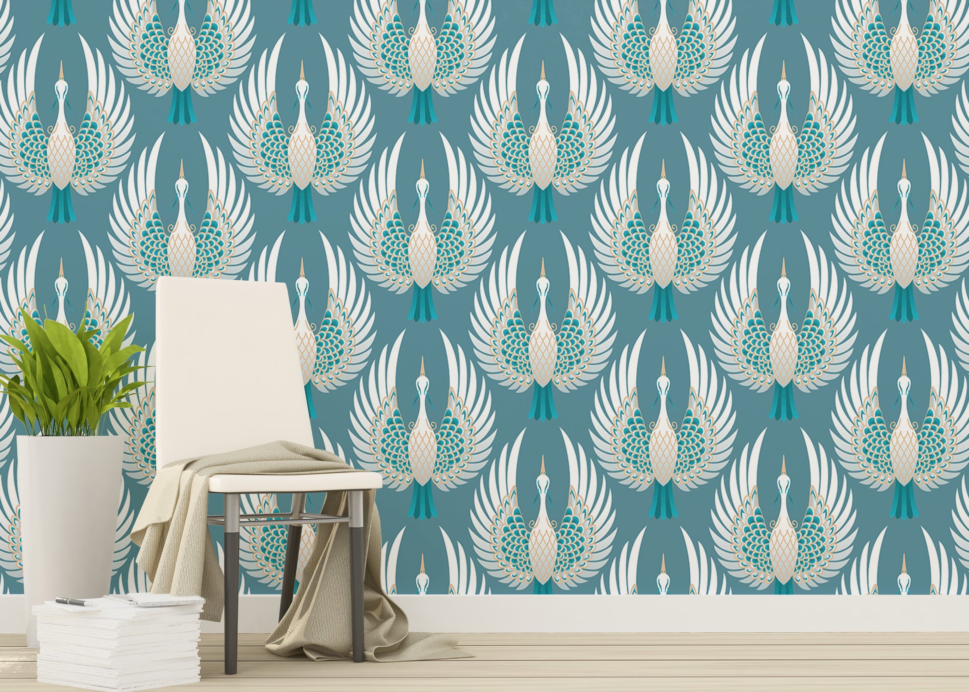 Blue wallpaper with Japanese Indian crane bird motif.