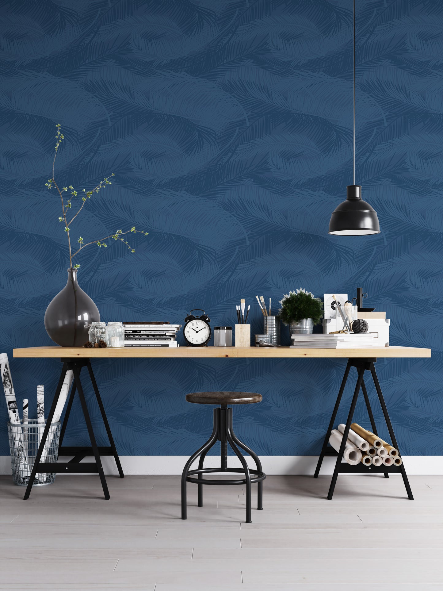 Blue Color Palm Leaves Silhouette Removable Wallpaper