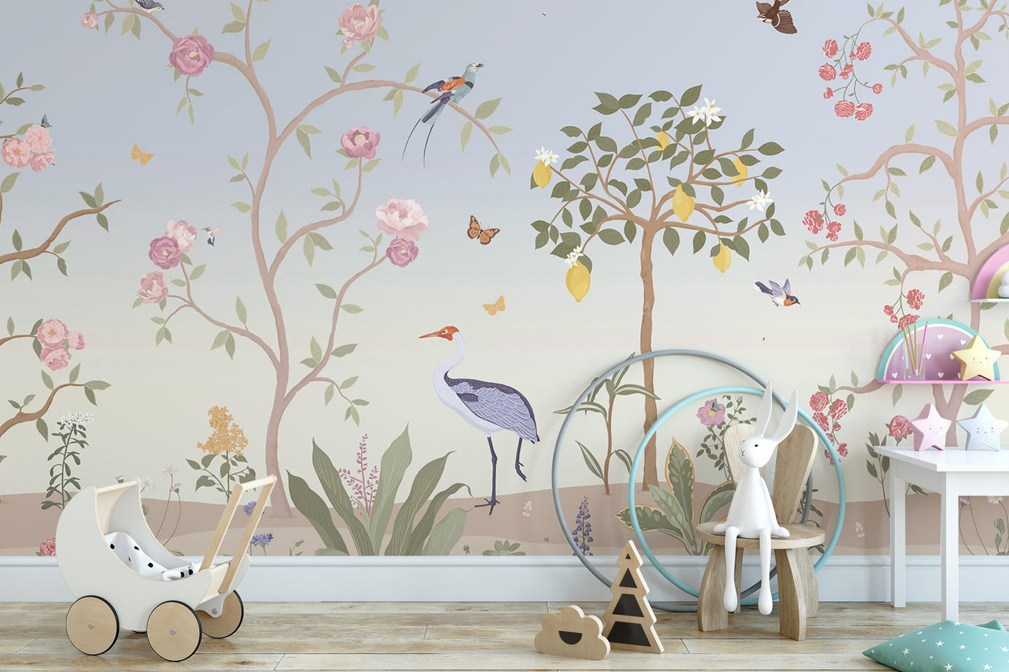 Romantic spring floral chinoiserie mural for elegant rooms
