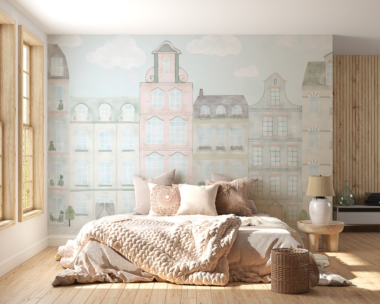 Peel and stick city wallpaper in pastel watercolor tones