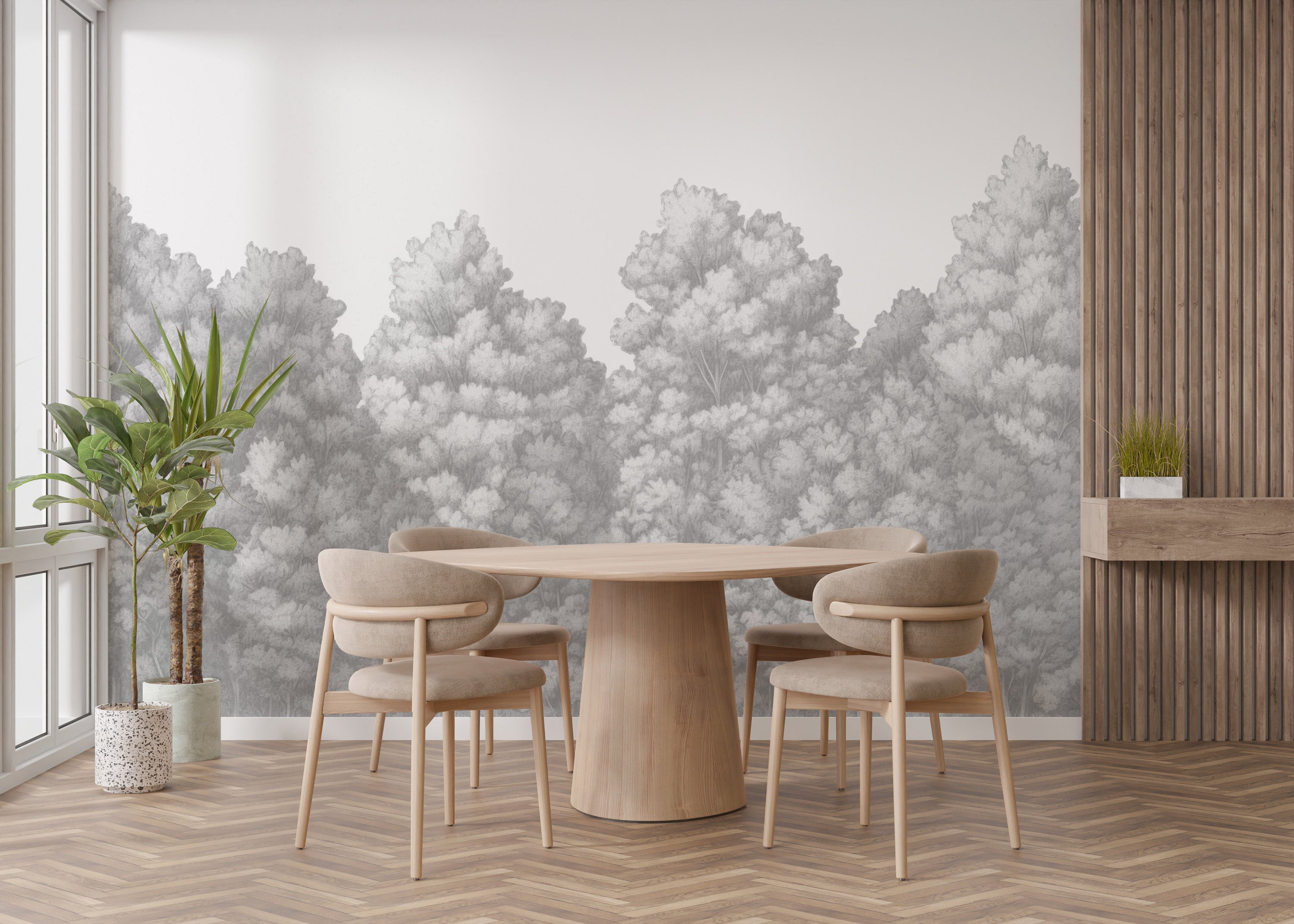 Minimalist grey trees wall mural for serene ambiance
