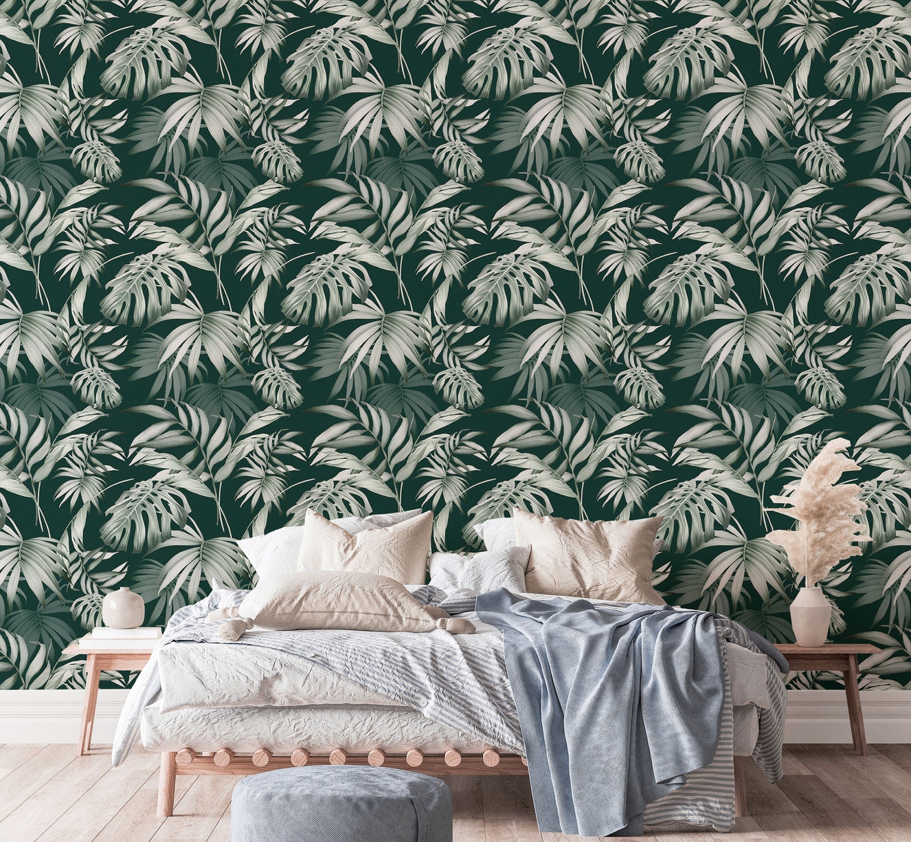 Exotic Jungle Tropical Green Leaves Repeat Wallpaper