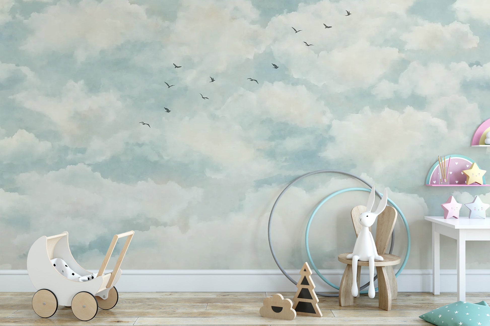 Scenic clouds and birds wallpaper with a watercolor effect
