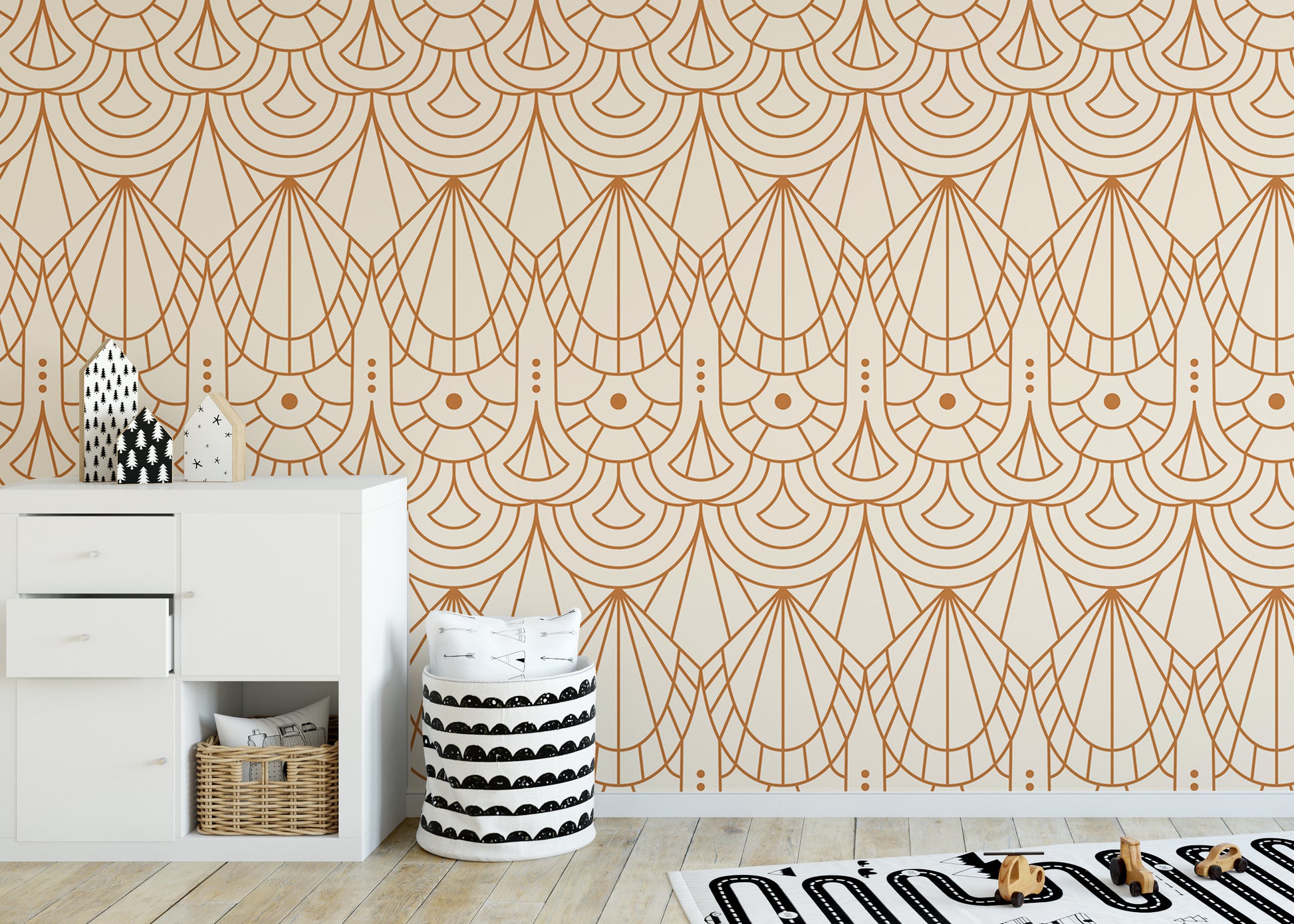 Decorative orange and beige Deco wall art.