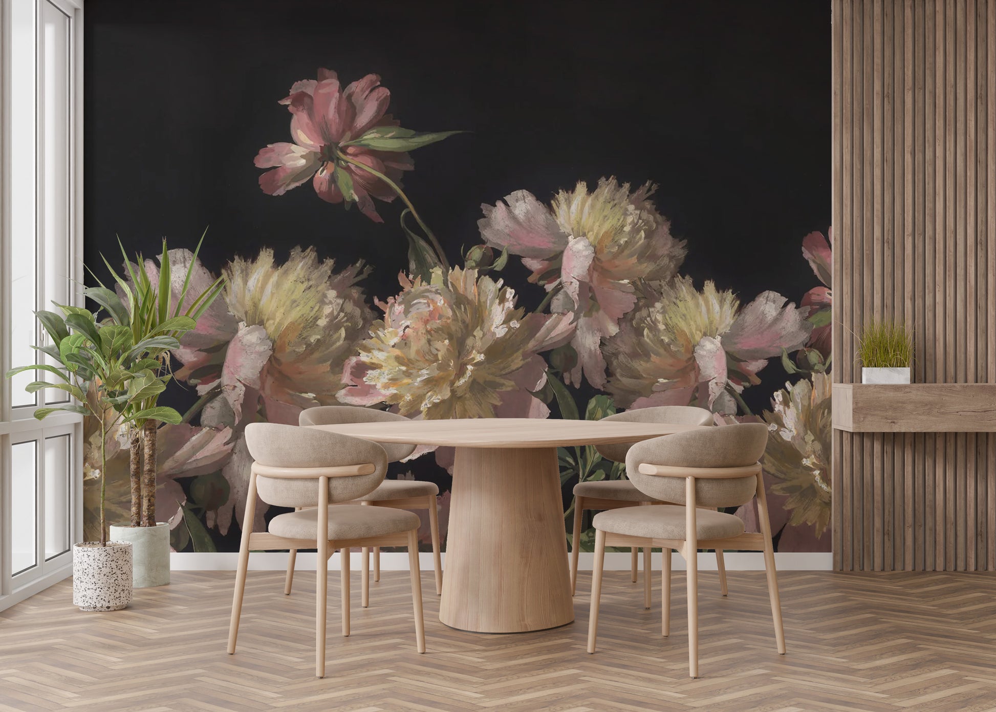 Tranquil watercolor peony mural for calming interiors
