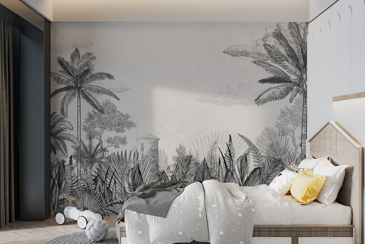 Vintage Tropical Botanical Monochrome Mural