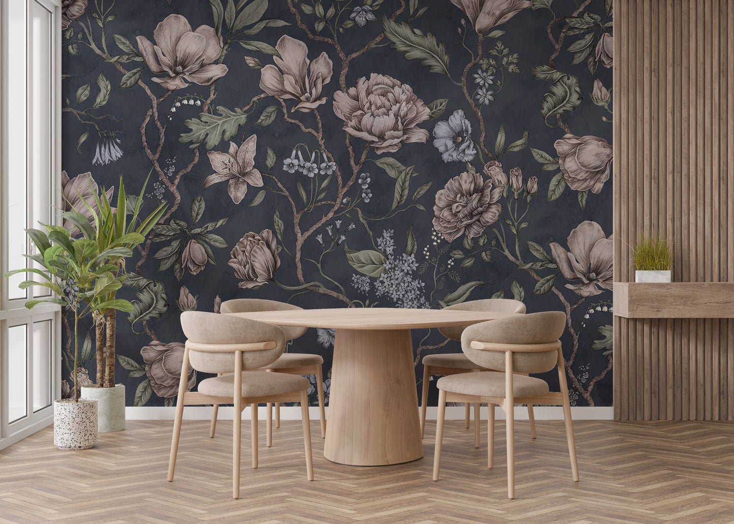 Elegant dark blue chinoiserie mural for refined decor