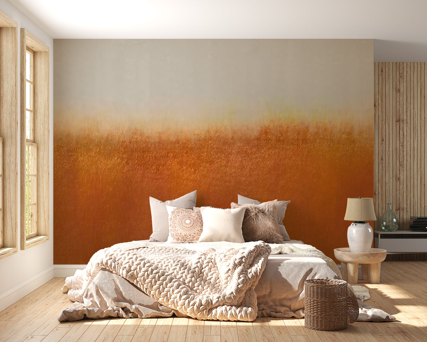 Abstract orange ombre mural with rough, textured details
