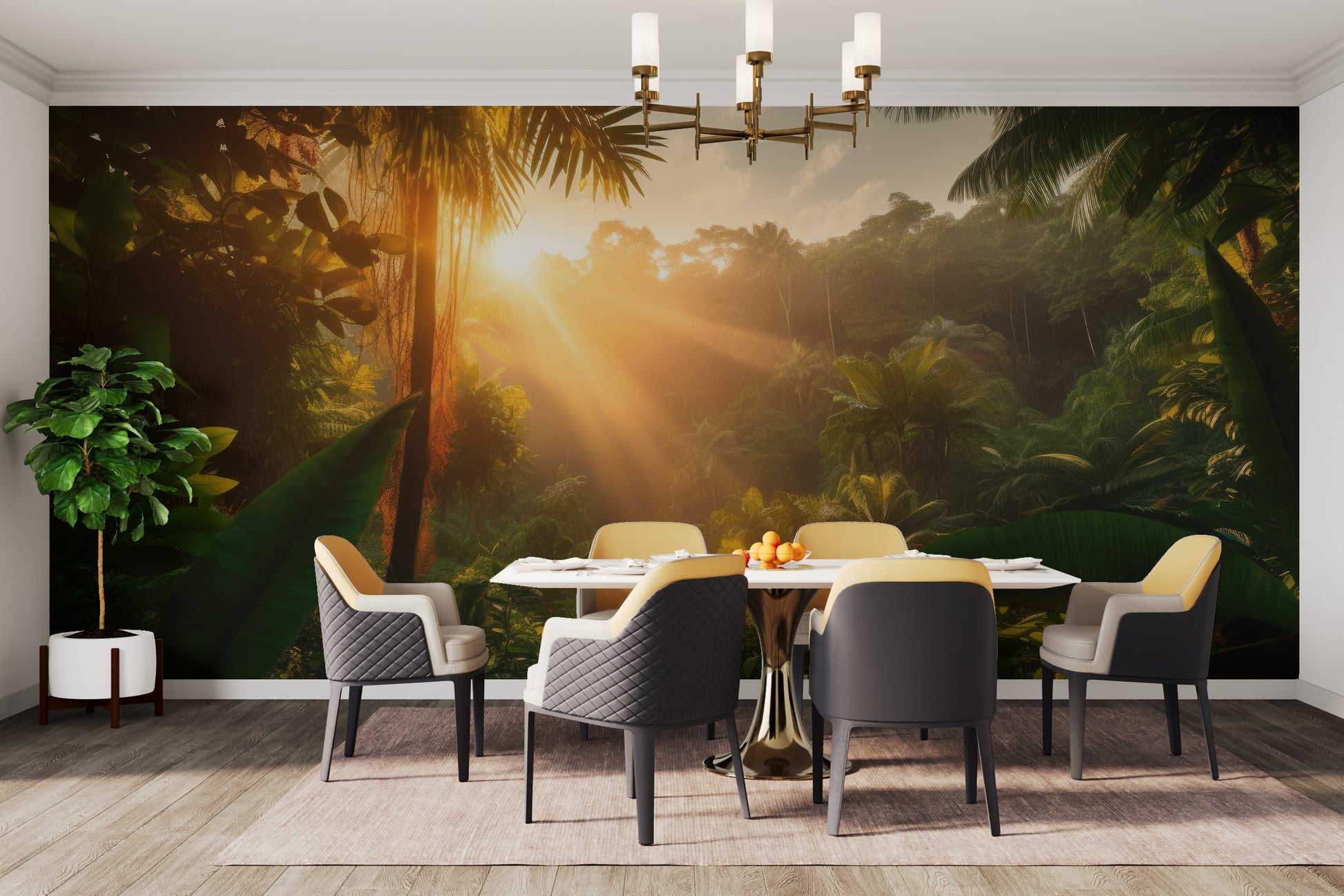 Nature-inspired jungle sunrise mural for dynamic decor