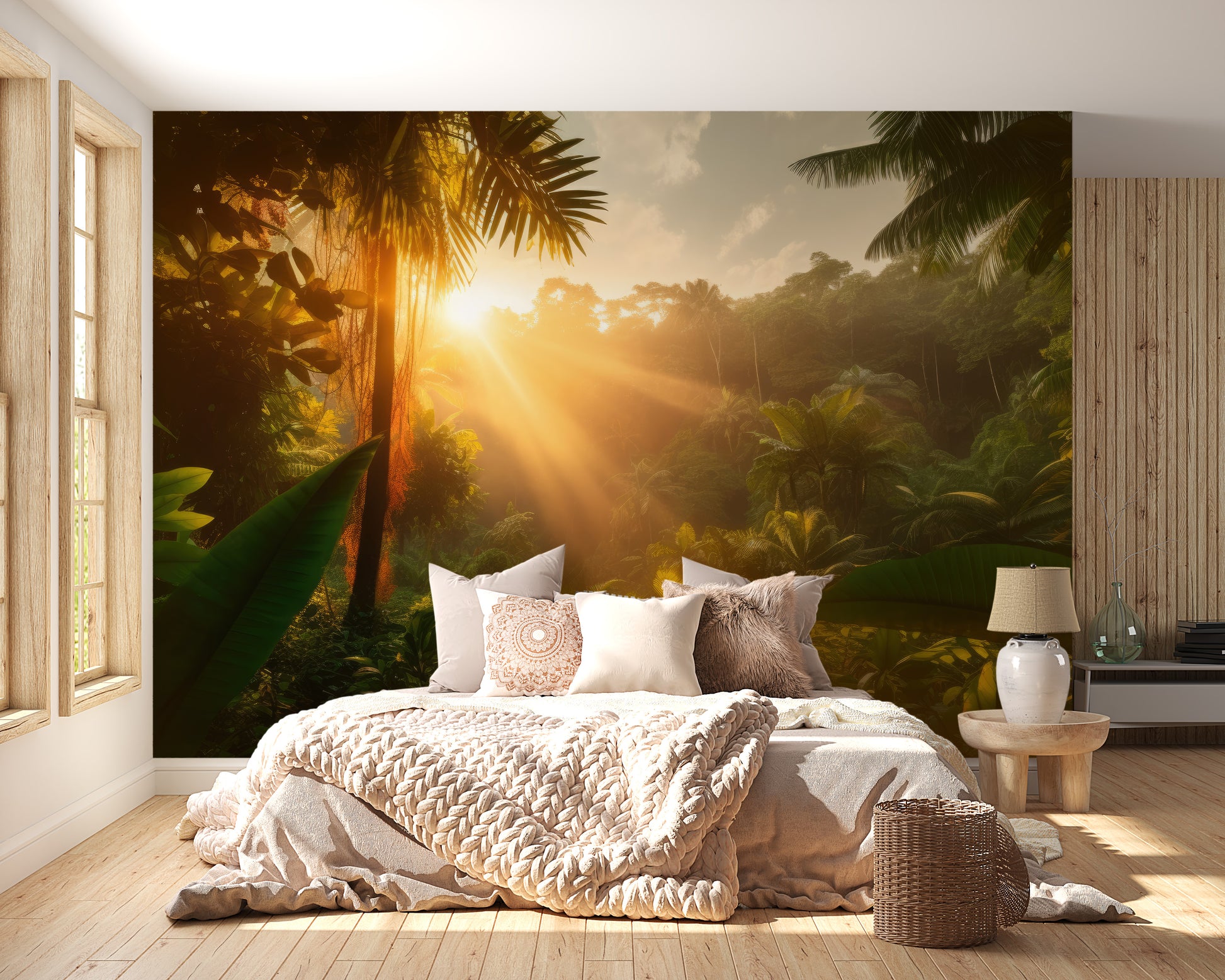 Jungle sunrise mural for an adventurous, warm atmosphere