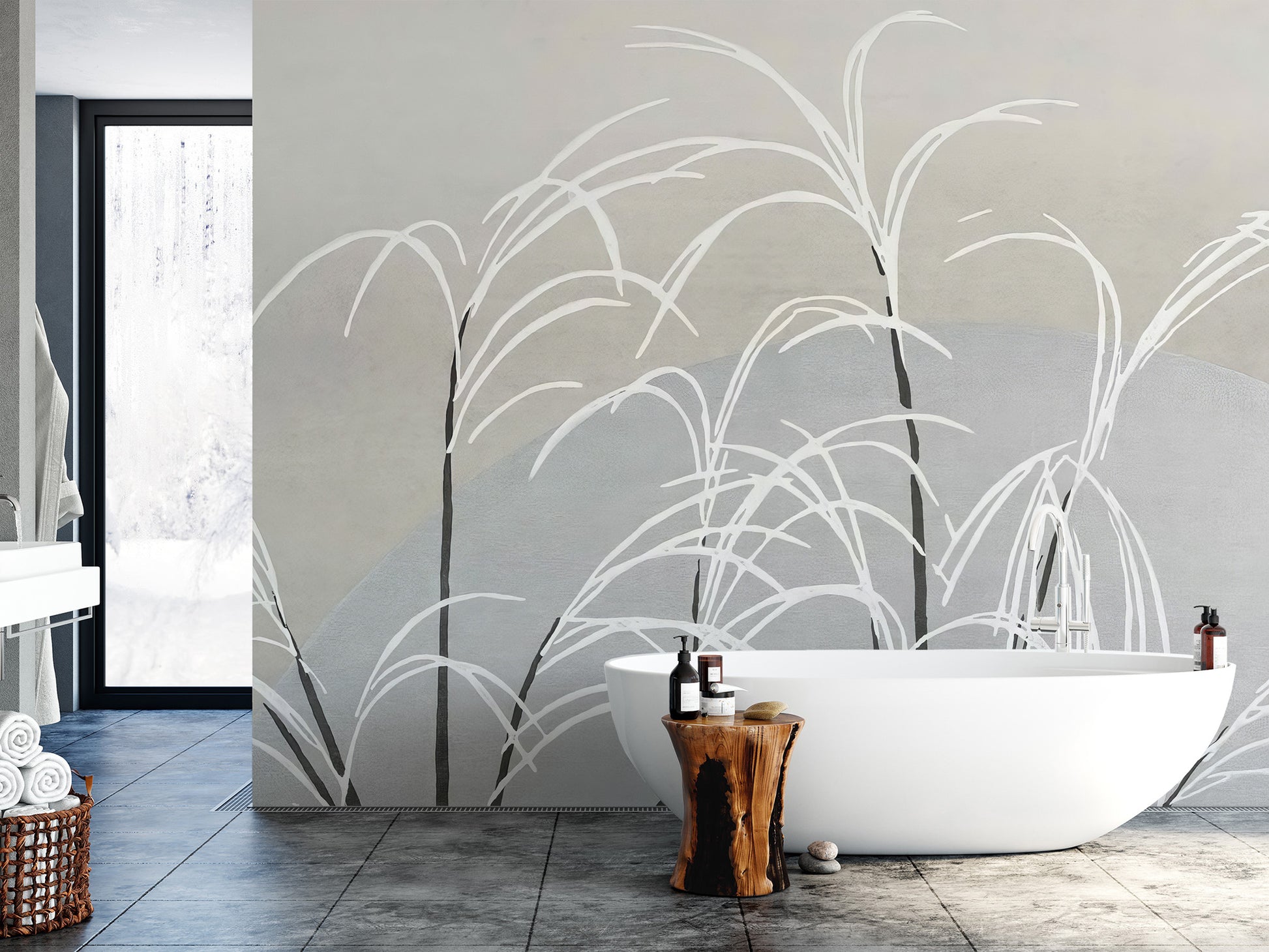 Nature-inspired wallpaper with delicate white reed patterns
