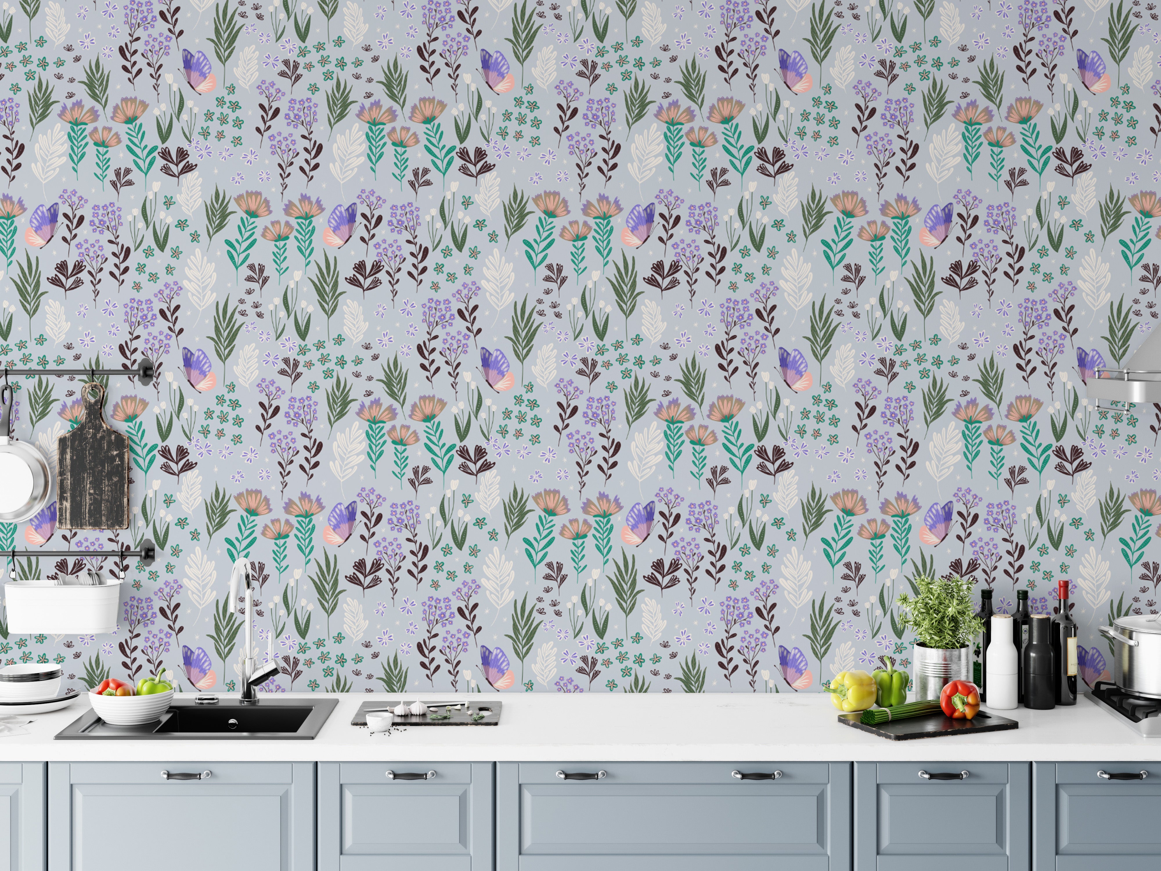 Whimsical butterfly meadow wallpaper in soft purple tones
