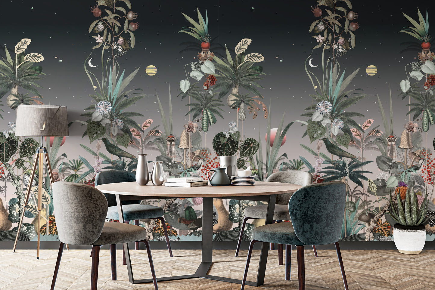 Dark botanical mural with tropical plants, scattered berries, and intricate fruits under a starry, moonlit sky.