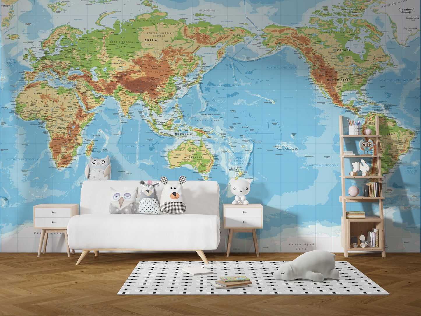 Neutral-toned Pacific world map mural
