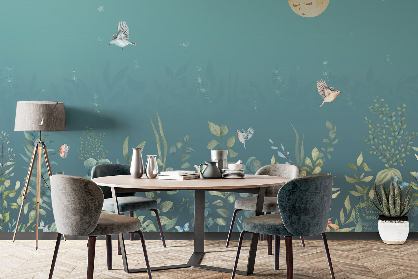 Botanical wall mural featuring a moonlit garden view