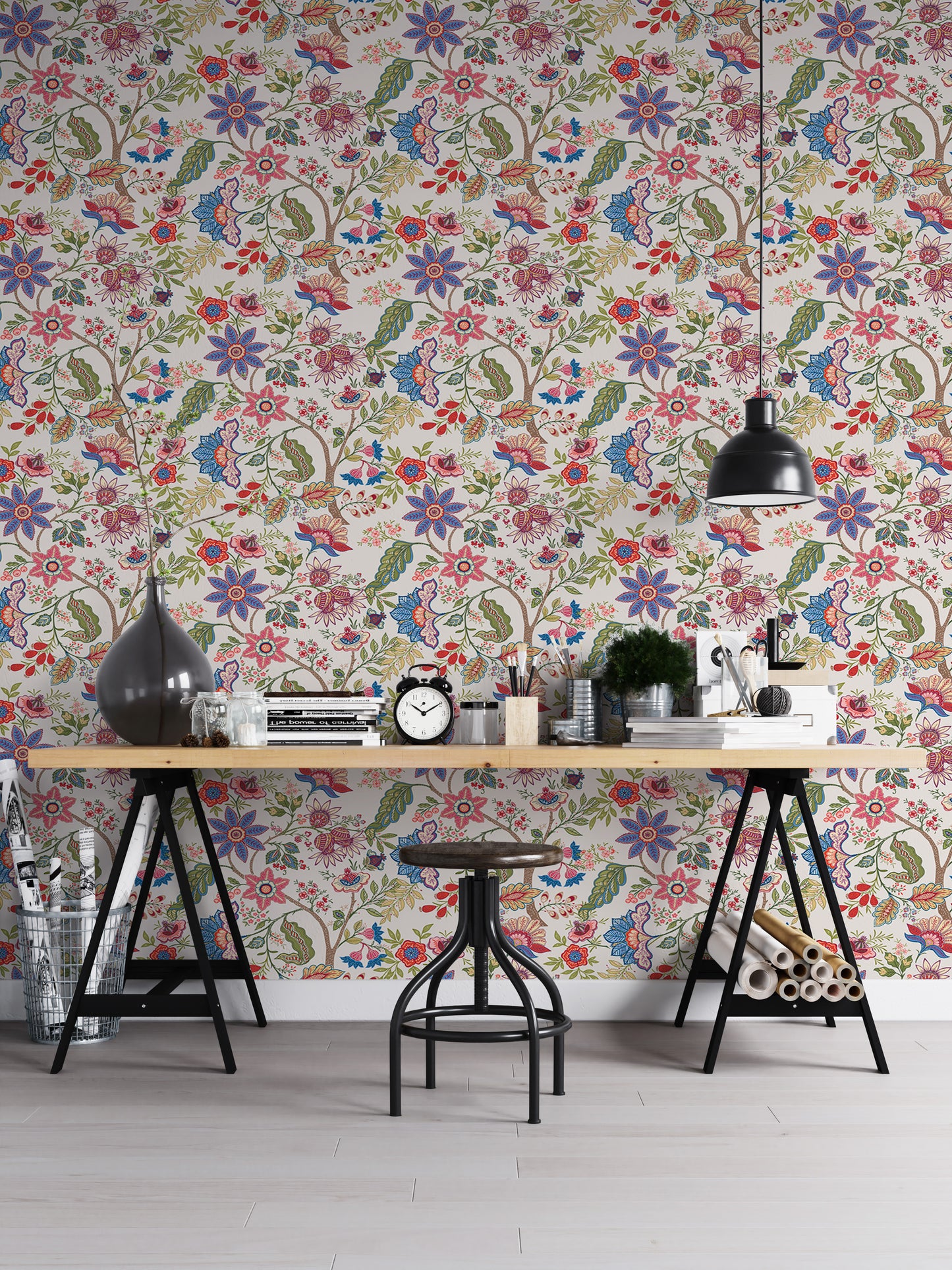 Fantasy Flowers Retro Vintage Jacobean Embroidery Style Wallpaper