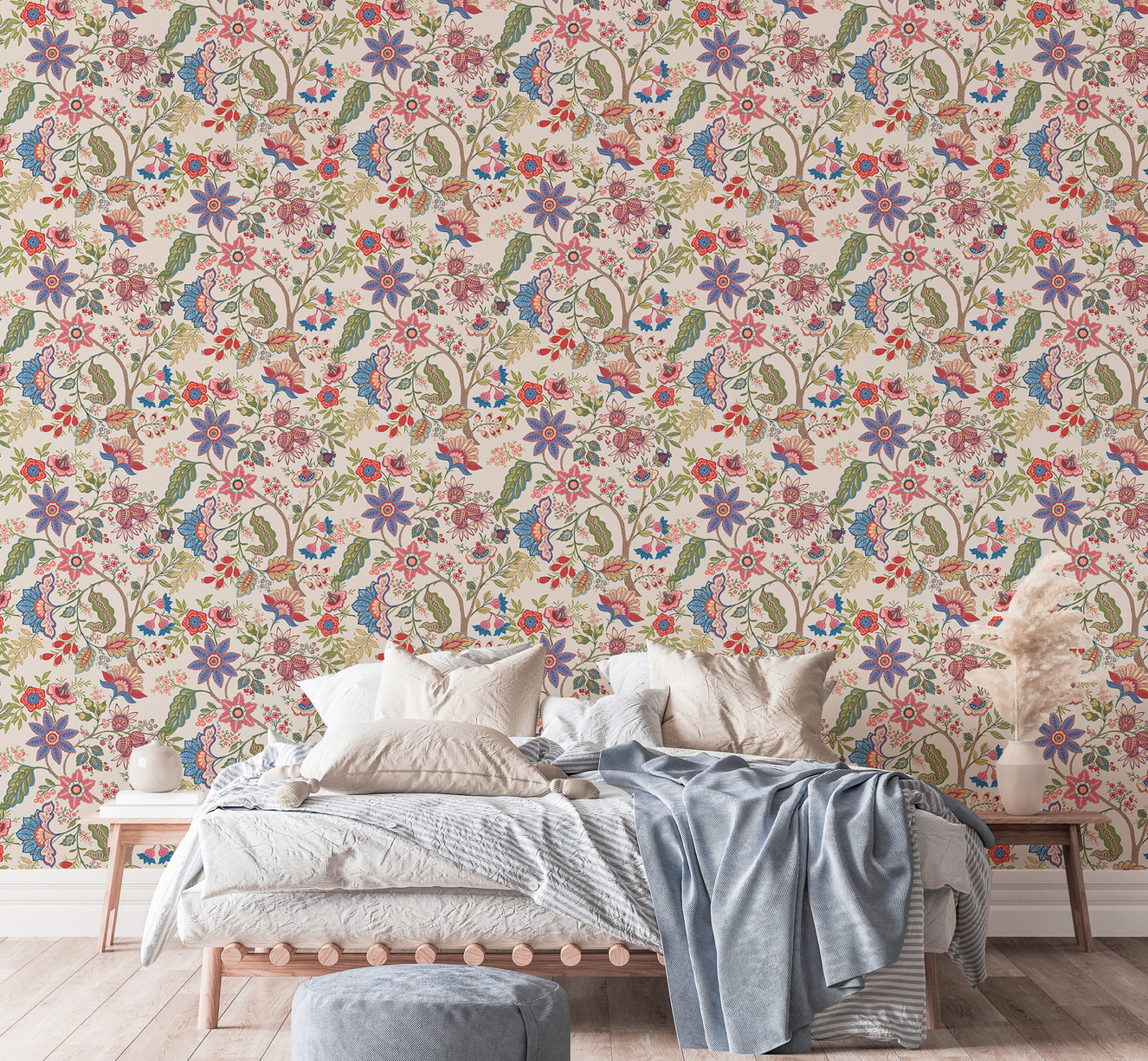 Fantasy Flowers Retro Vintage Jacobean Embroidery Style Wallpaper