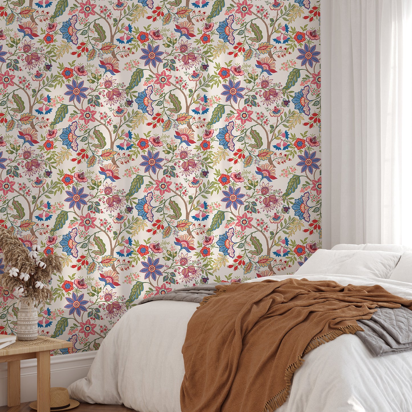 Fantasy Flowers Retro Vintage Jacobean Embroidery Style Wallpaper