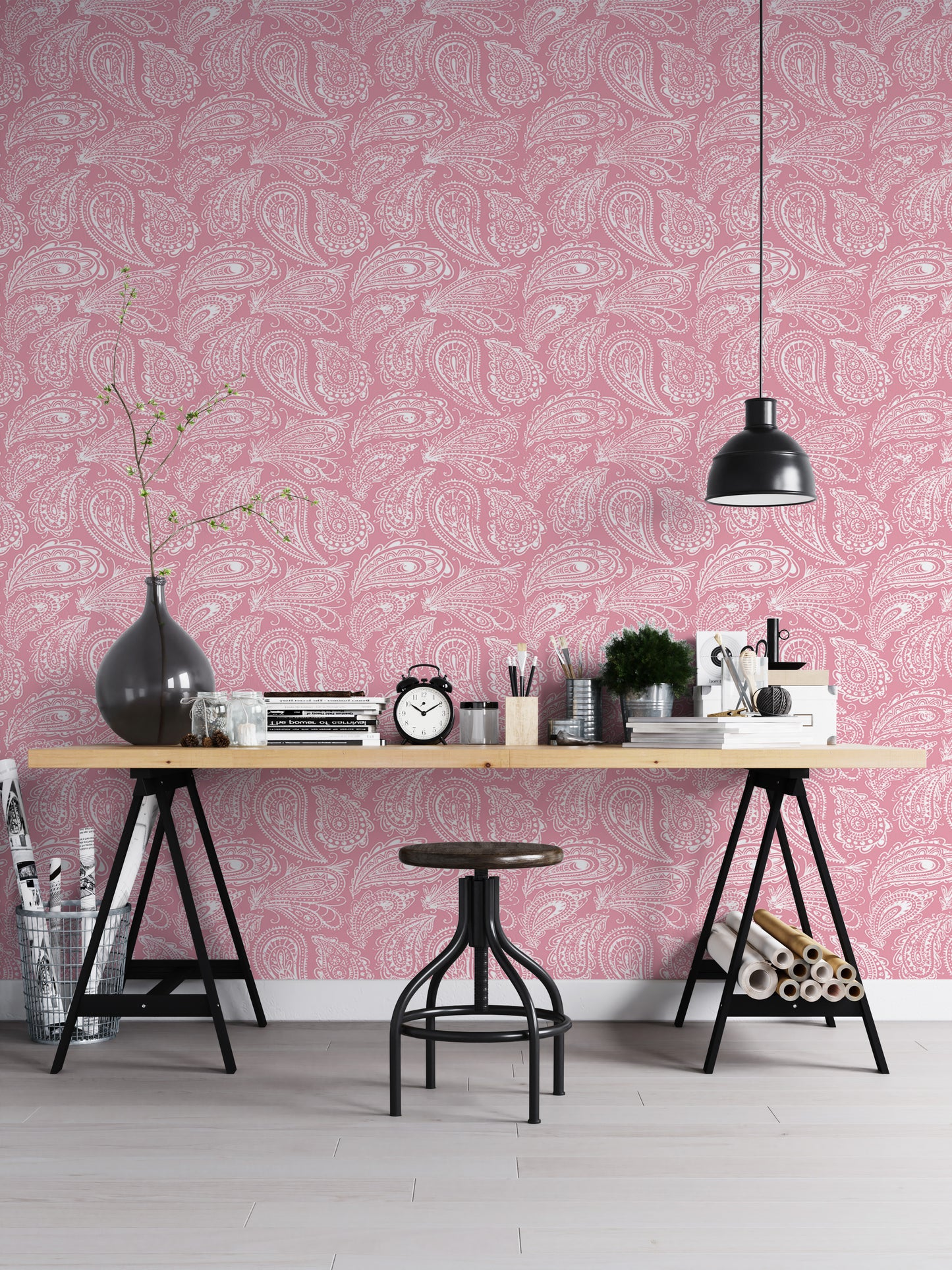 Pink Color Hand Drawn Paisley Ornament Wallpaper